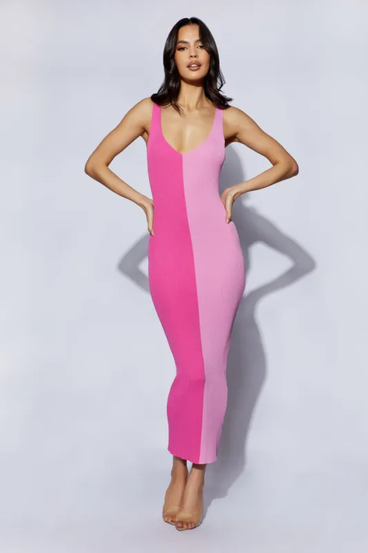 Jodie Two Tone V Neck Midi Dress - Multi Pink sold by Meshki