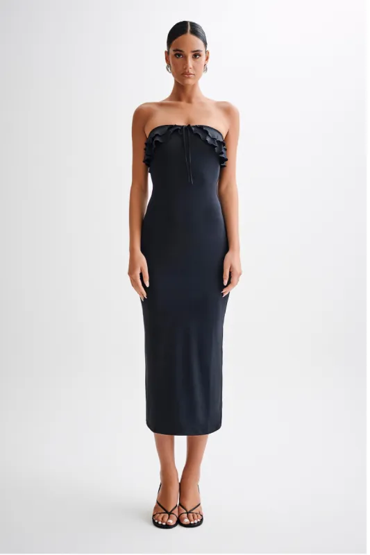 Bea Strapless Slinky Ruffle Midi Dress - Black sold by Meshki