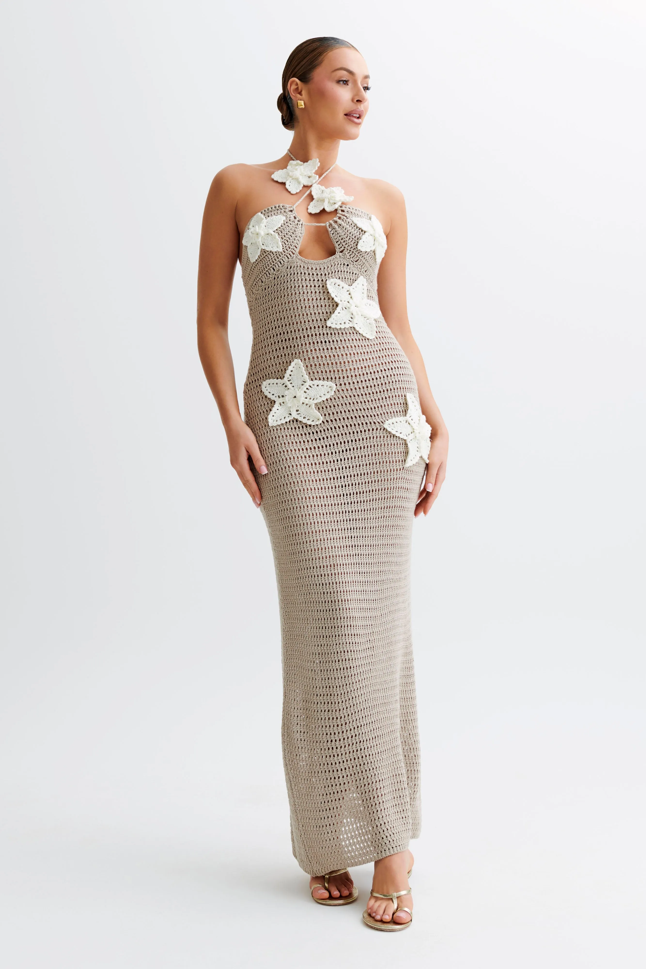 Kyla Floral Crochet Maxi Dress - Taupe/White sold by Meshki
