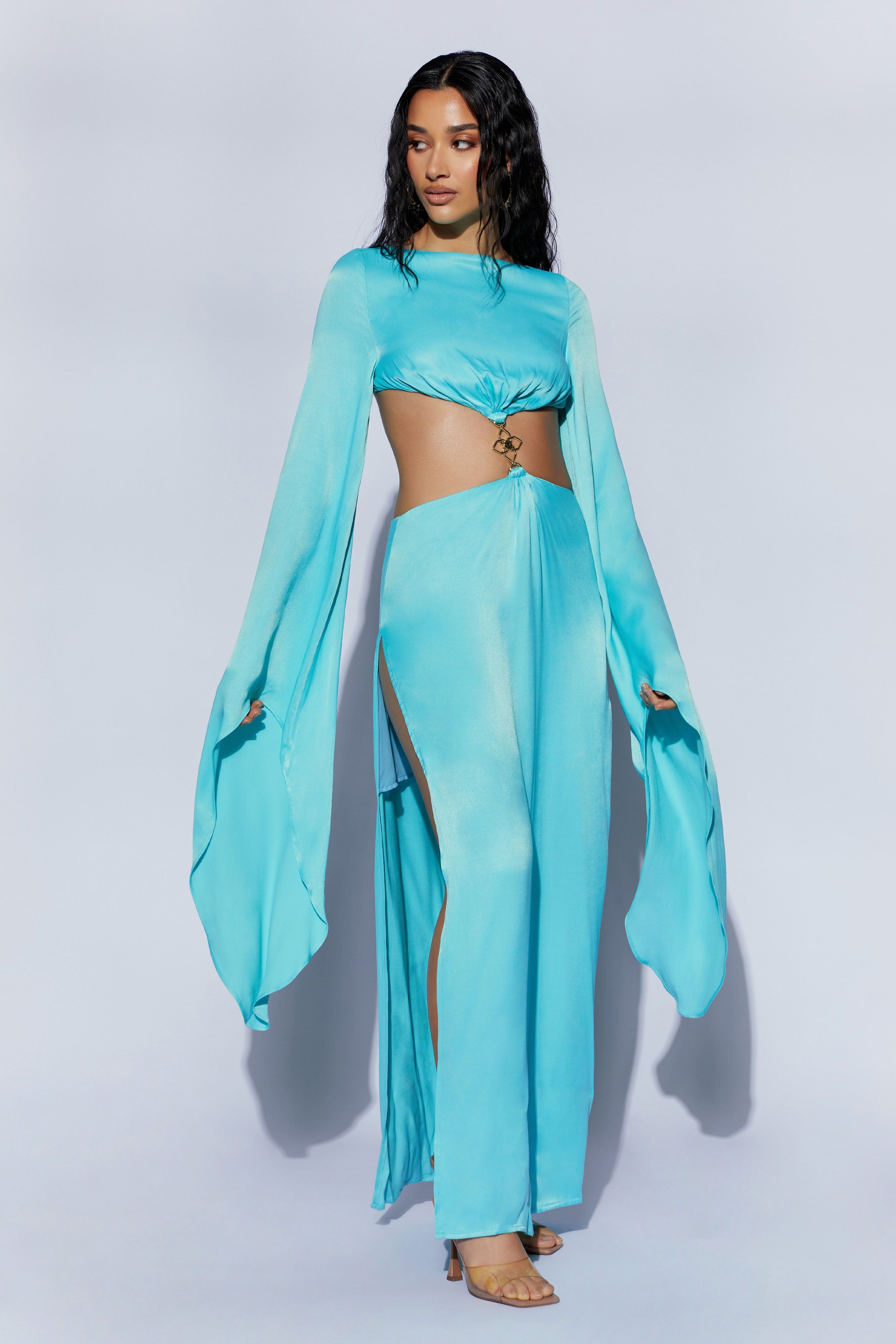 Leyla Flare Sleeve Maxi Dress With High Split - Turquoise sold by Meshki product image thumbnail 6