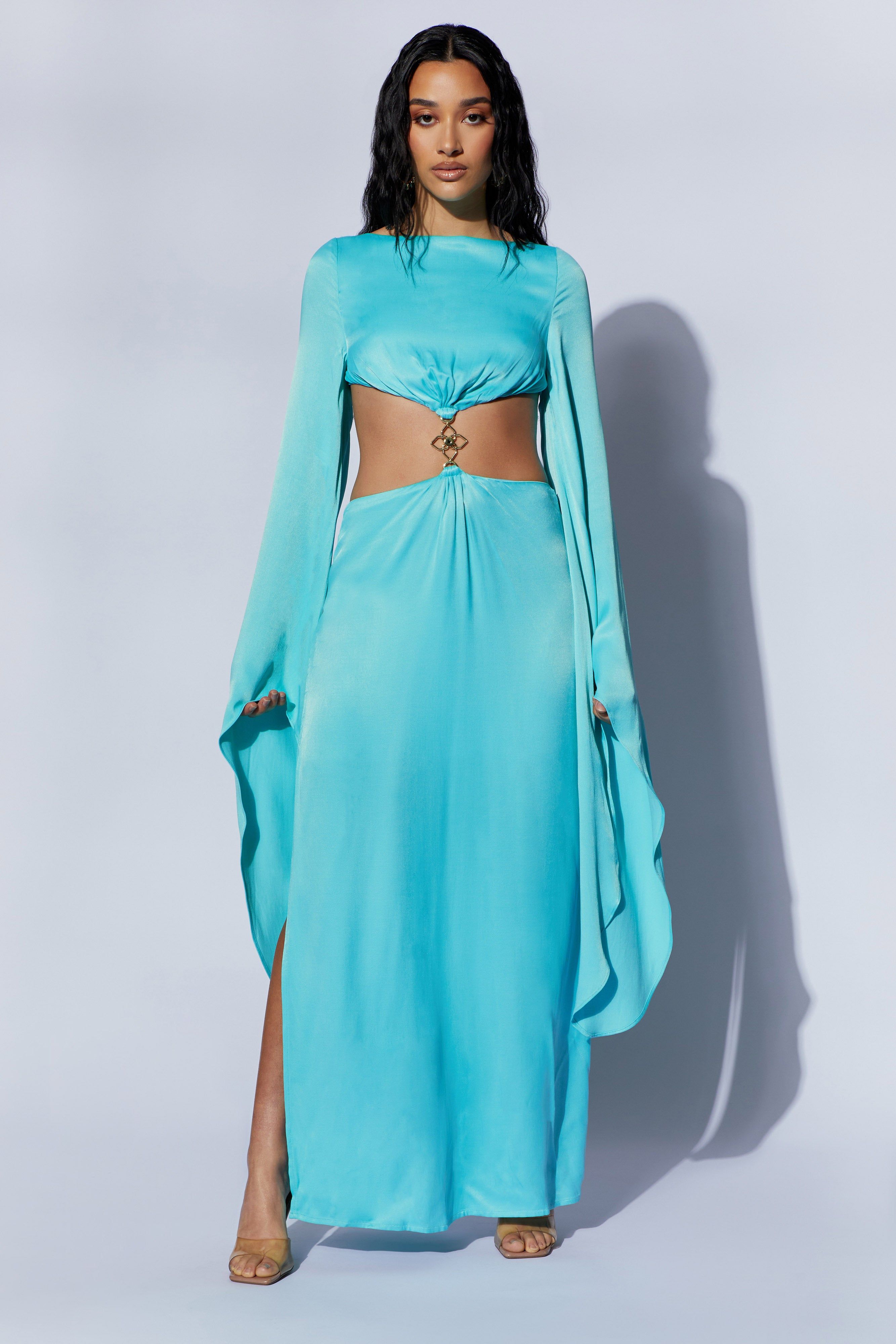 Leyla Flare Sleeve Maxi Dress With High Split - Turquoise sold by Meshki product image thumbnail 3