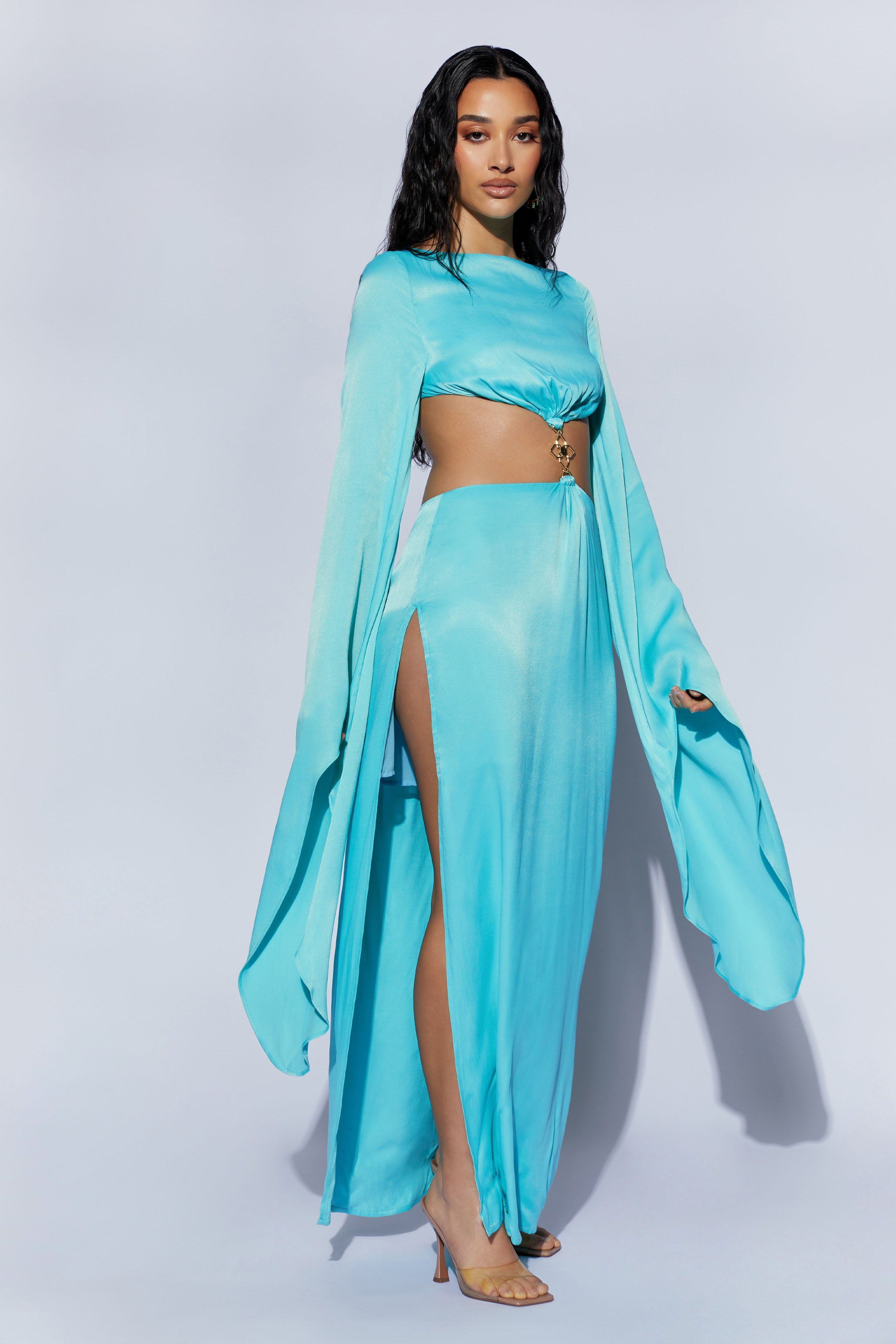 Leyla Flare Sleeve Maxi Dress With High Split - Turquoise sold by Meshki product image thumbnail 8