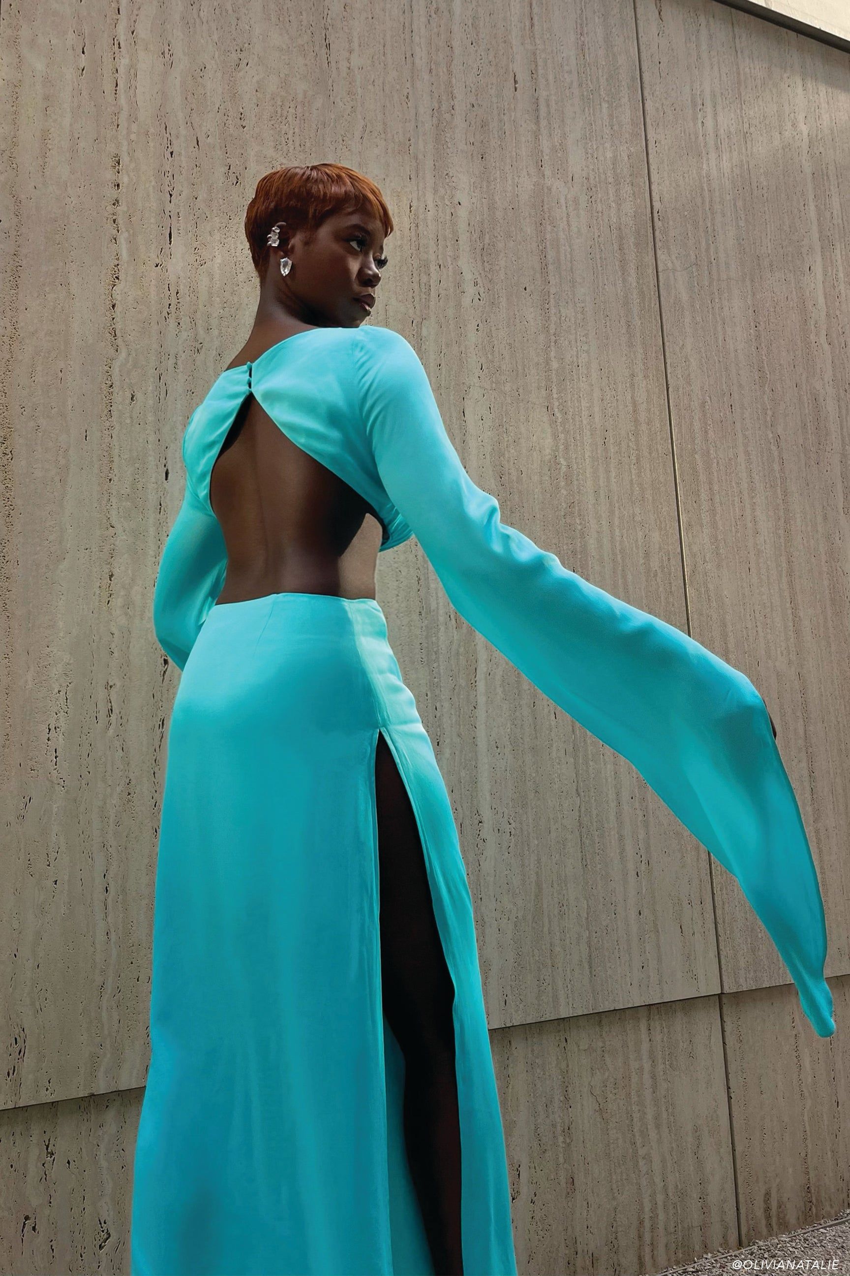 Leyla Flare Sleeve Maxi Dress With High Split - Turquoise sold by Meshki product image thumbnail 2