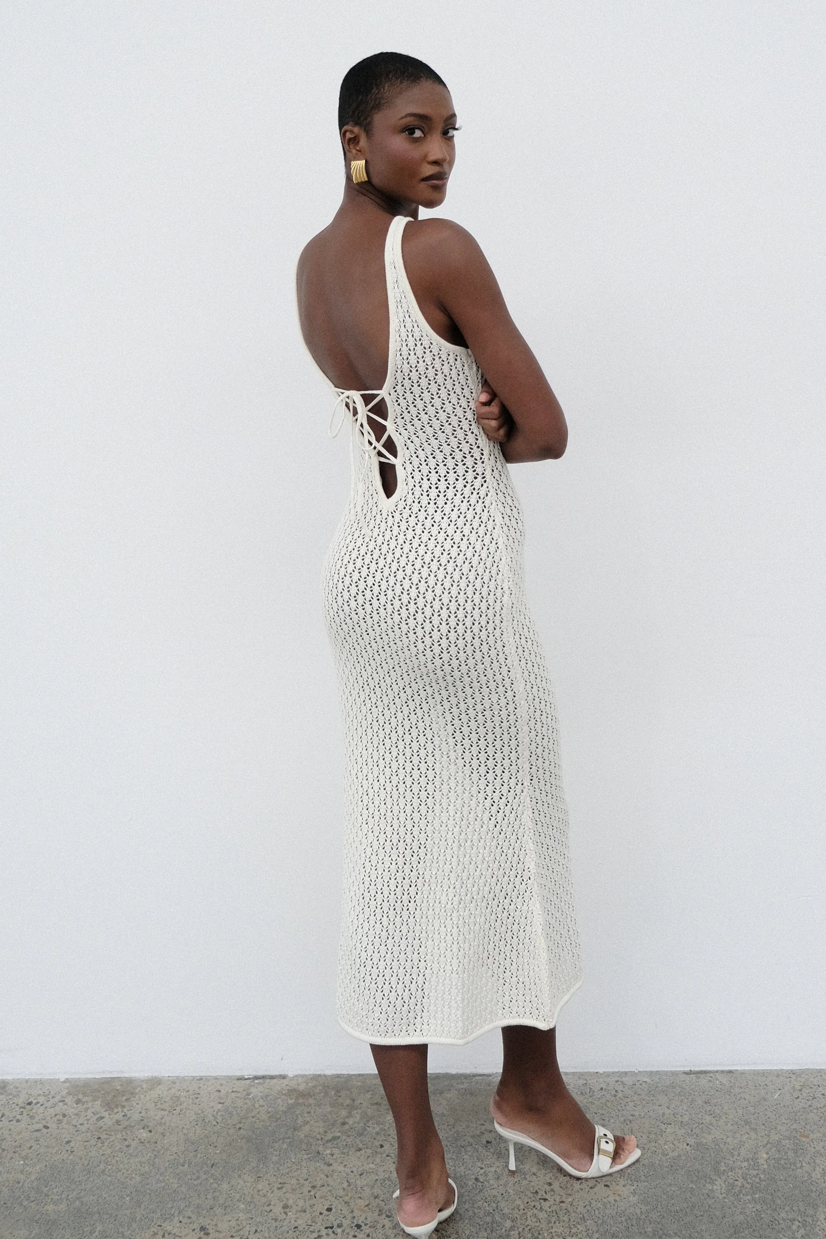 Cordelia Crochet Fishtail Midi Dress - Ivory sold by Meshki