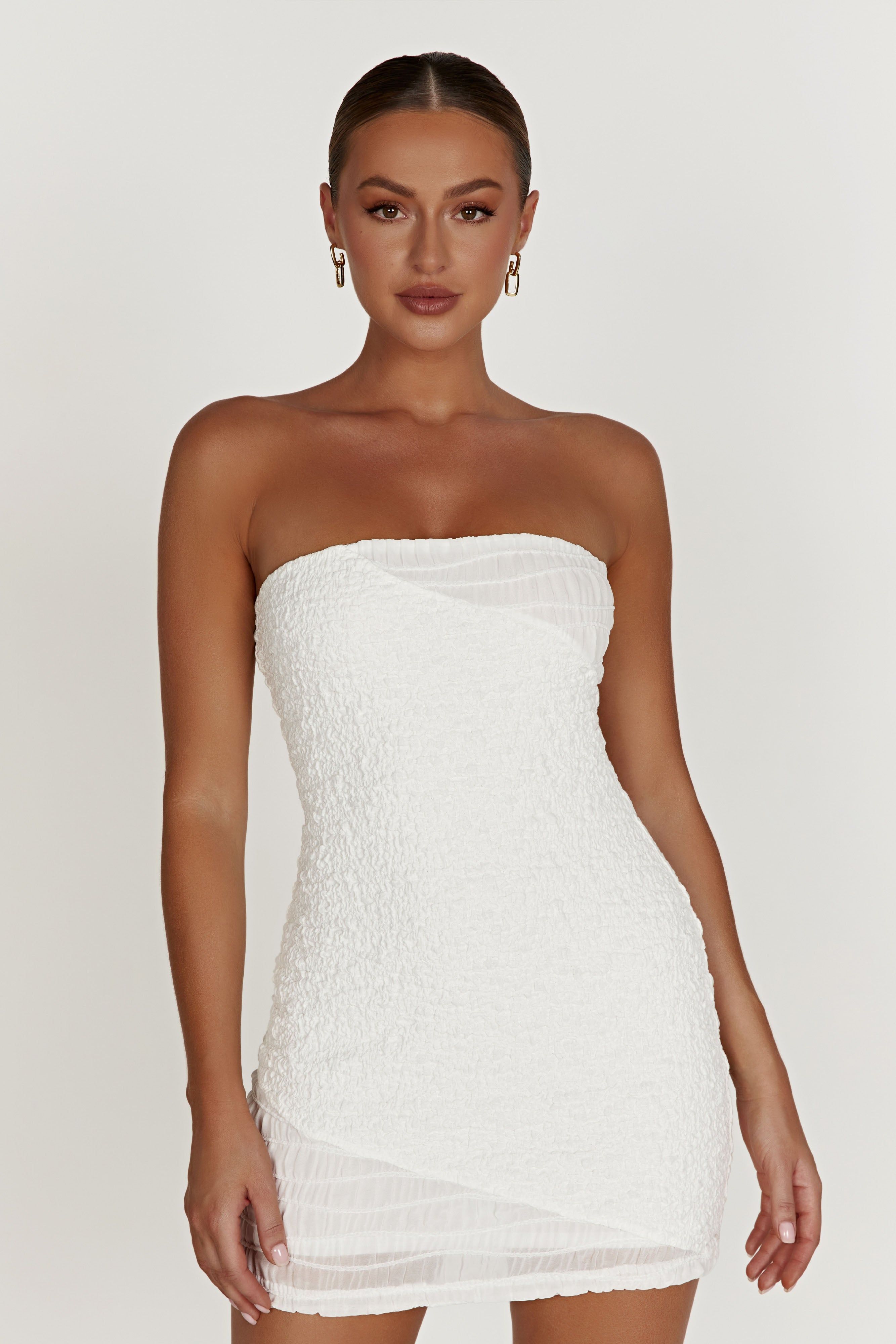 Gemina Textured Strapless Mini Dress - White sold by Meshki