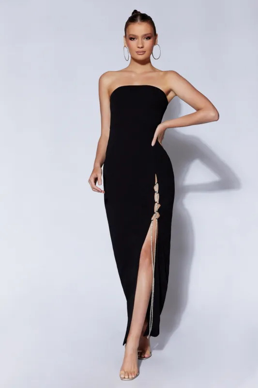 Imogen Diamante Rope Strapless Maxi Dress With Split - Black sold by Meshki