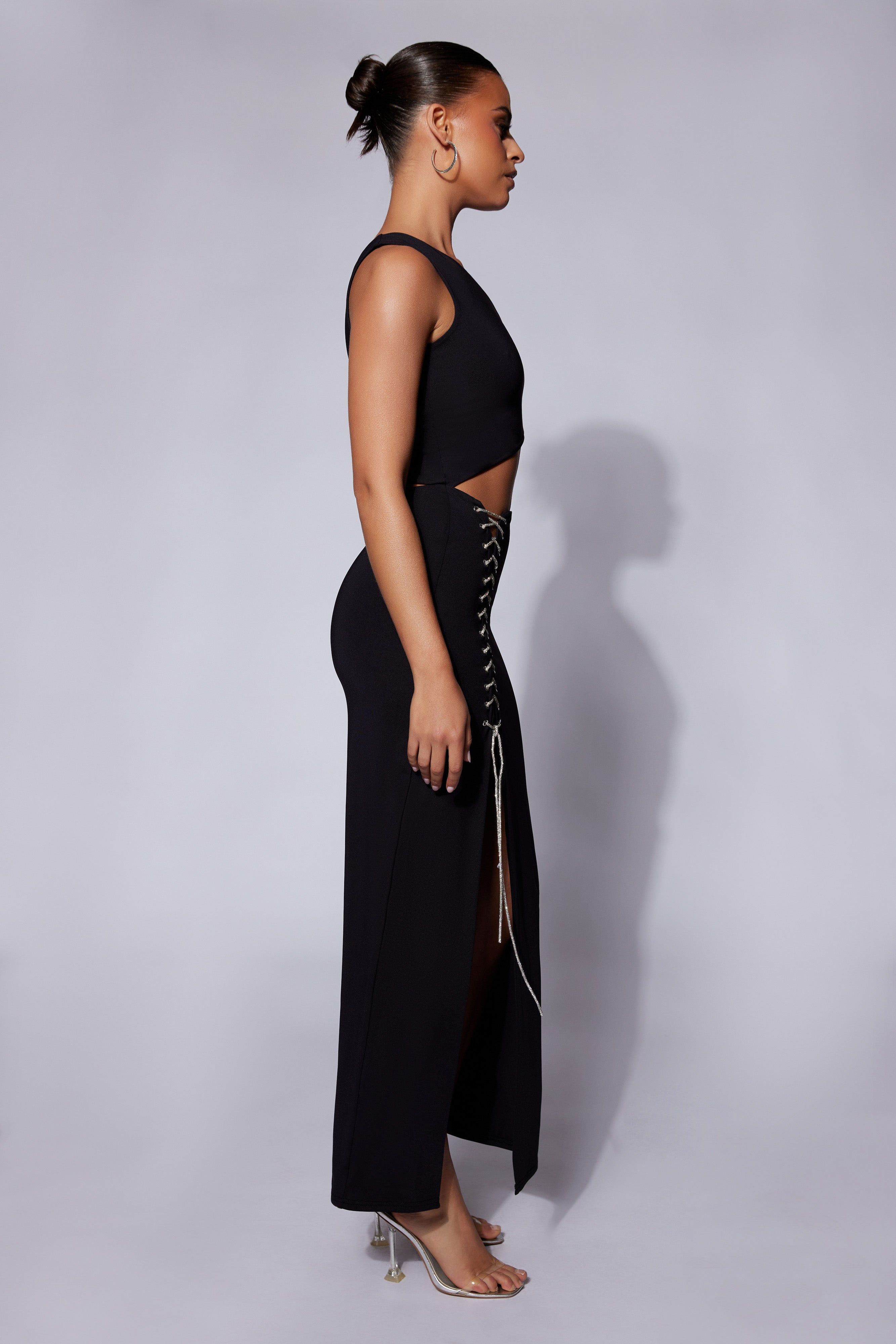 Margot One Shoulder Maxi Dress With Diamante Rope - Black sold by Meshki product image thumbnail 4