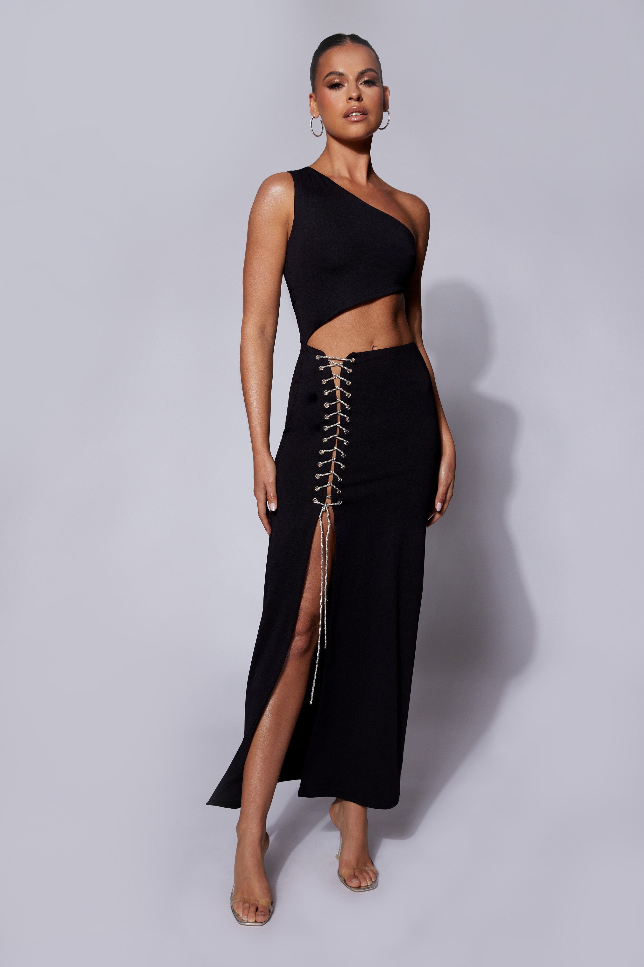Margot One Shoulder Maxi Dress With Diamante Rope - Black sold by Meshki