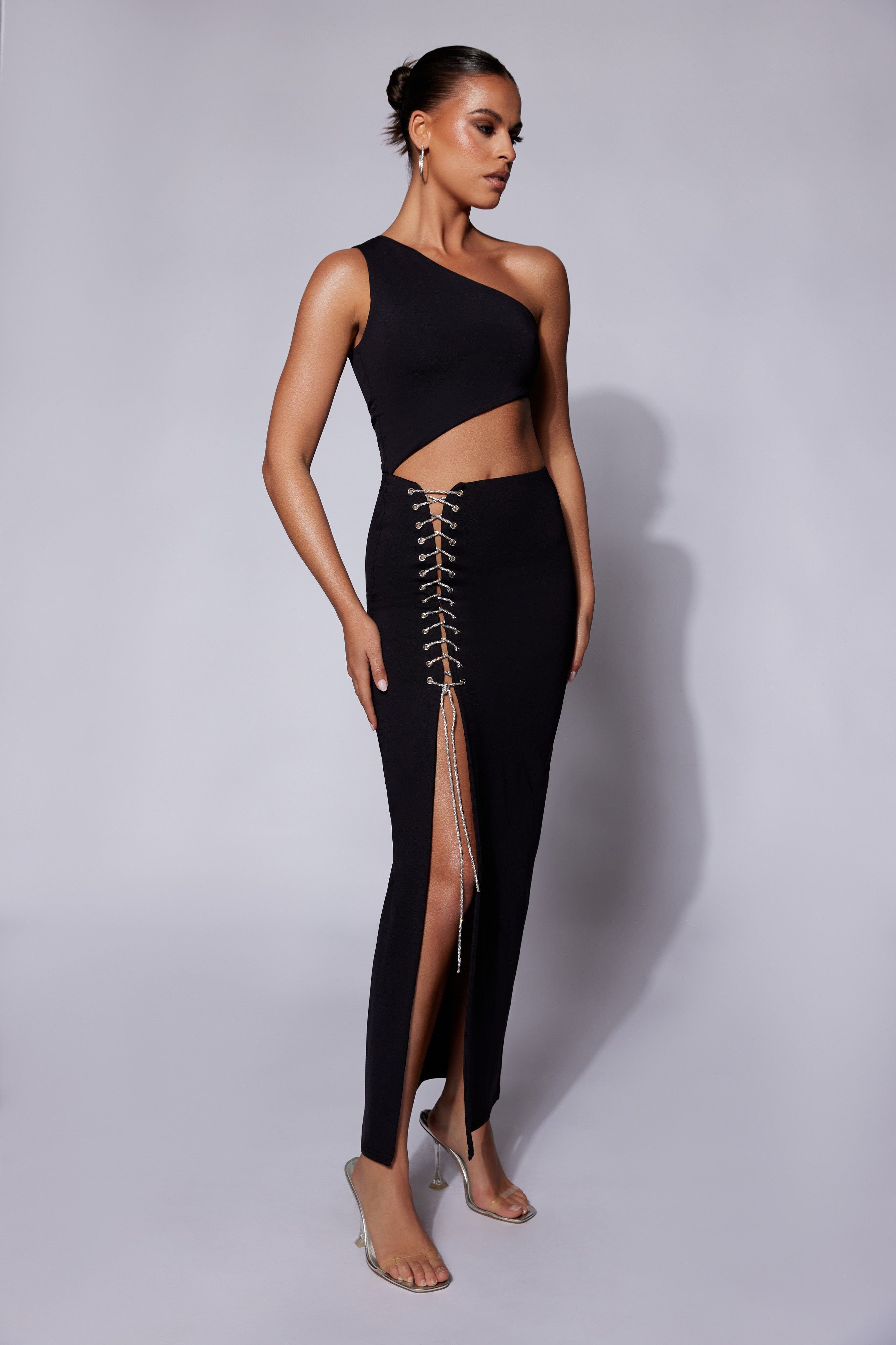 Margot One Shoulder Maxi Dress With Diamante Rope - Black sold by Meshki product image thumbnail 6