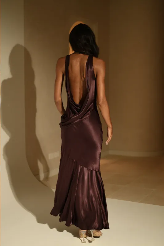 Ellison Satin Cowl Gown - Dark Chocolate sold by Meshki