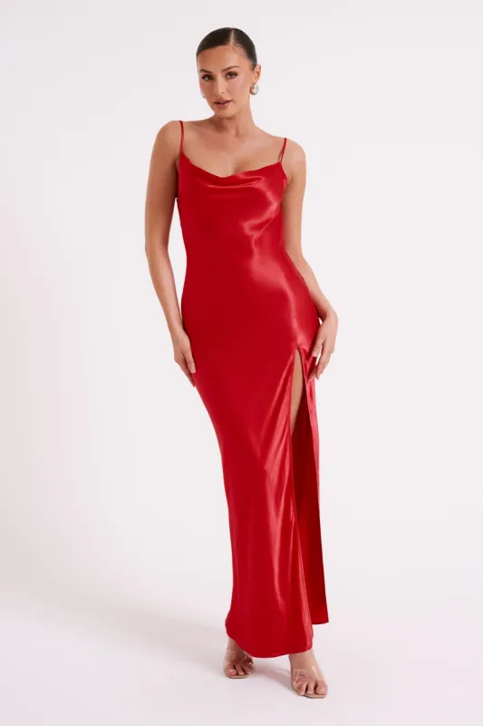 Jade Cowl Neck Backless Maxi Dress - Red sold by Meshki