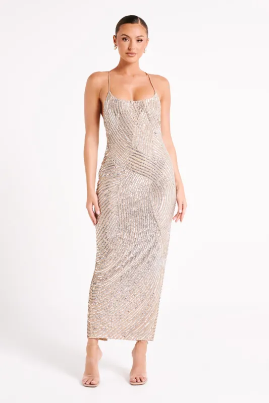 Tierra Sequin Maxi Dress - Silver sold by Meshki