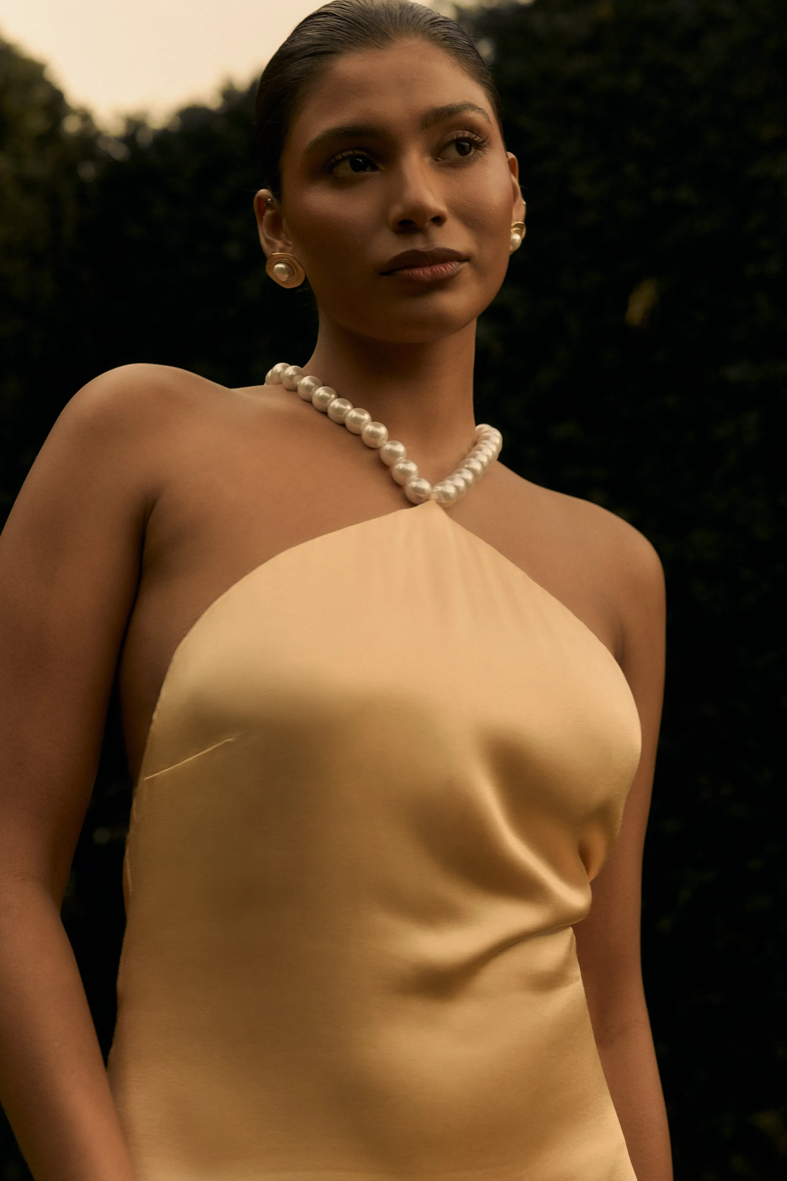 Blanche Satin Pearl Halter Maxi Dress - Peach | Parallel