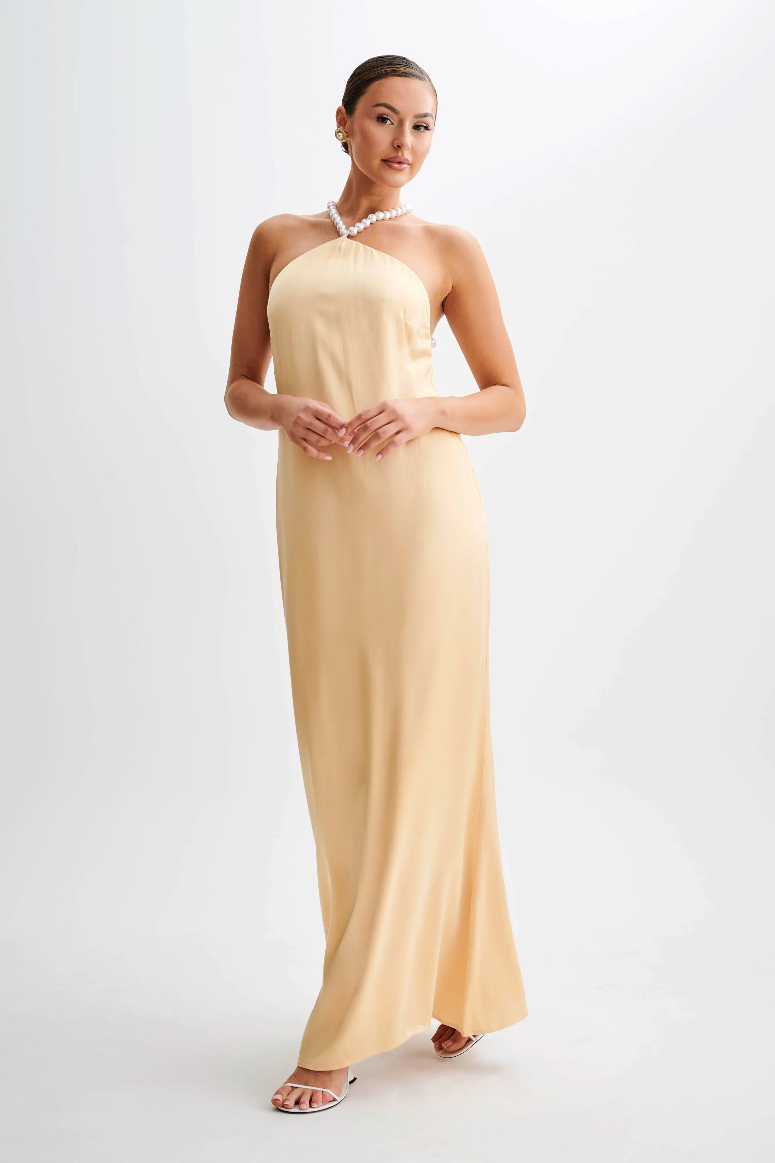 Blanche Satin Pearl Halter Maxi Dress - Peach sold by Meshki product image thumbnail 4