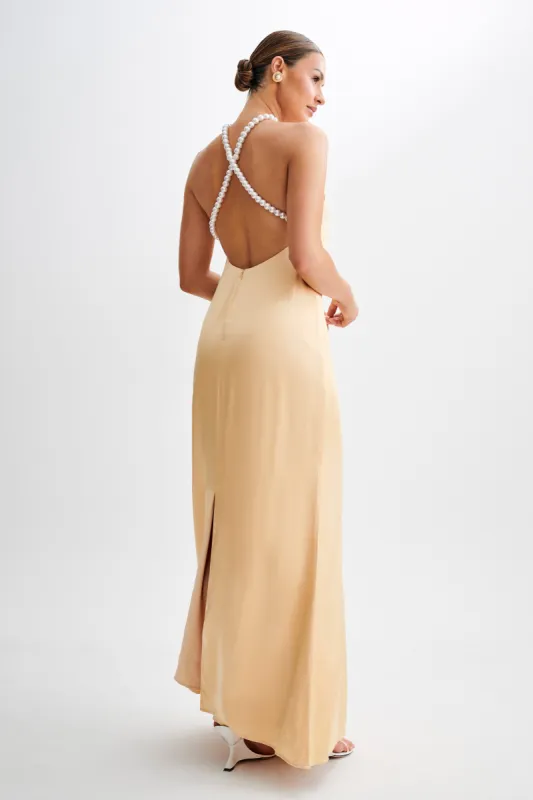 Blanche Satin Pearl Halter Maxi Dress - Peach sold by Meshki