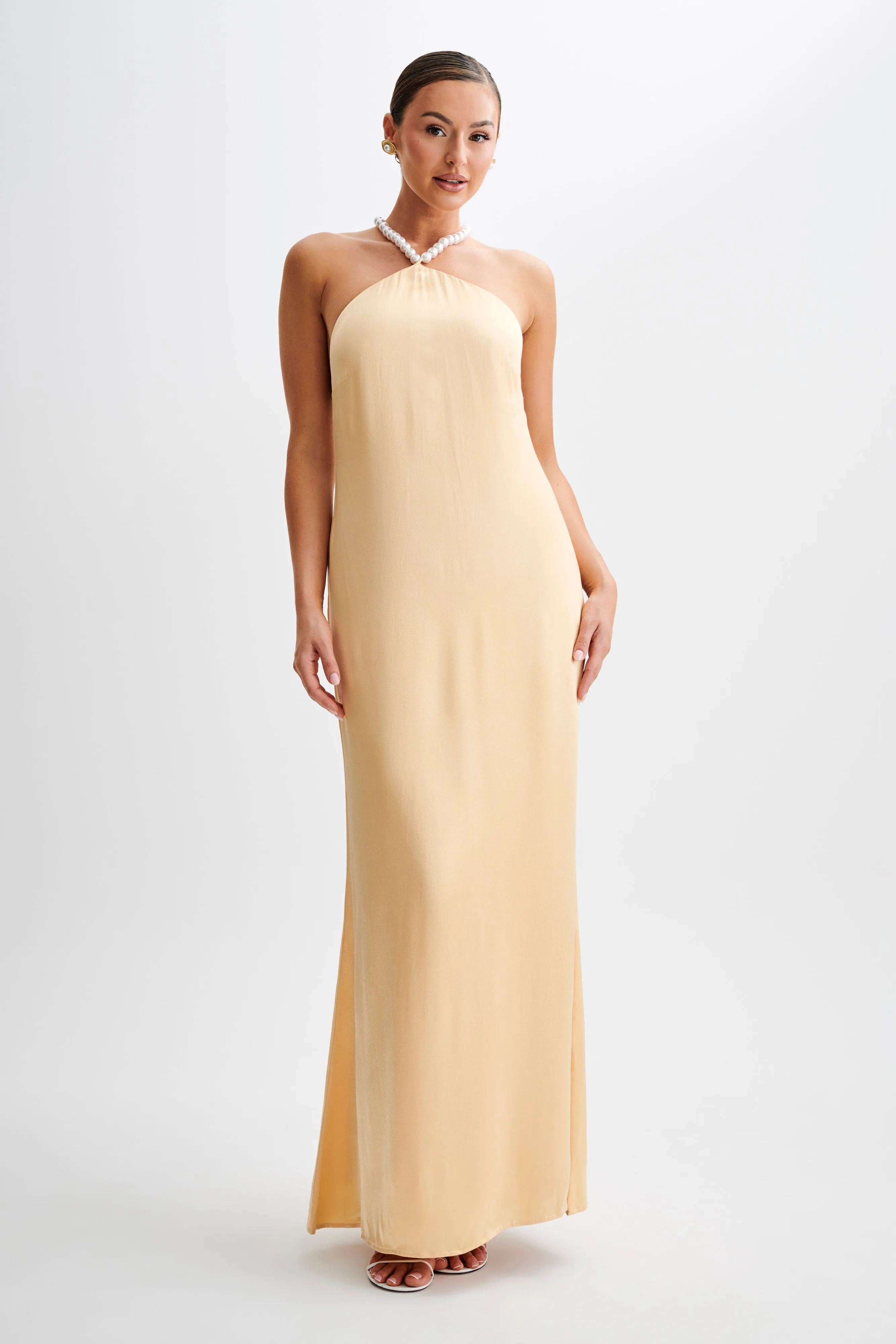 Blanche Satin Pearl Halter Maxi Dress - Peach sold by Meshki product image thumbnail 2