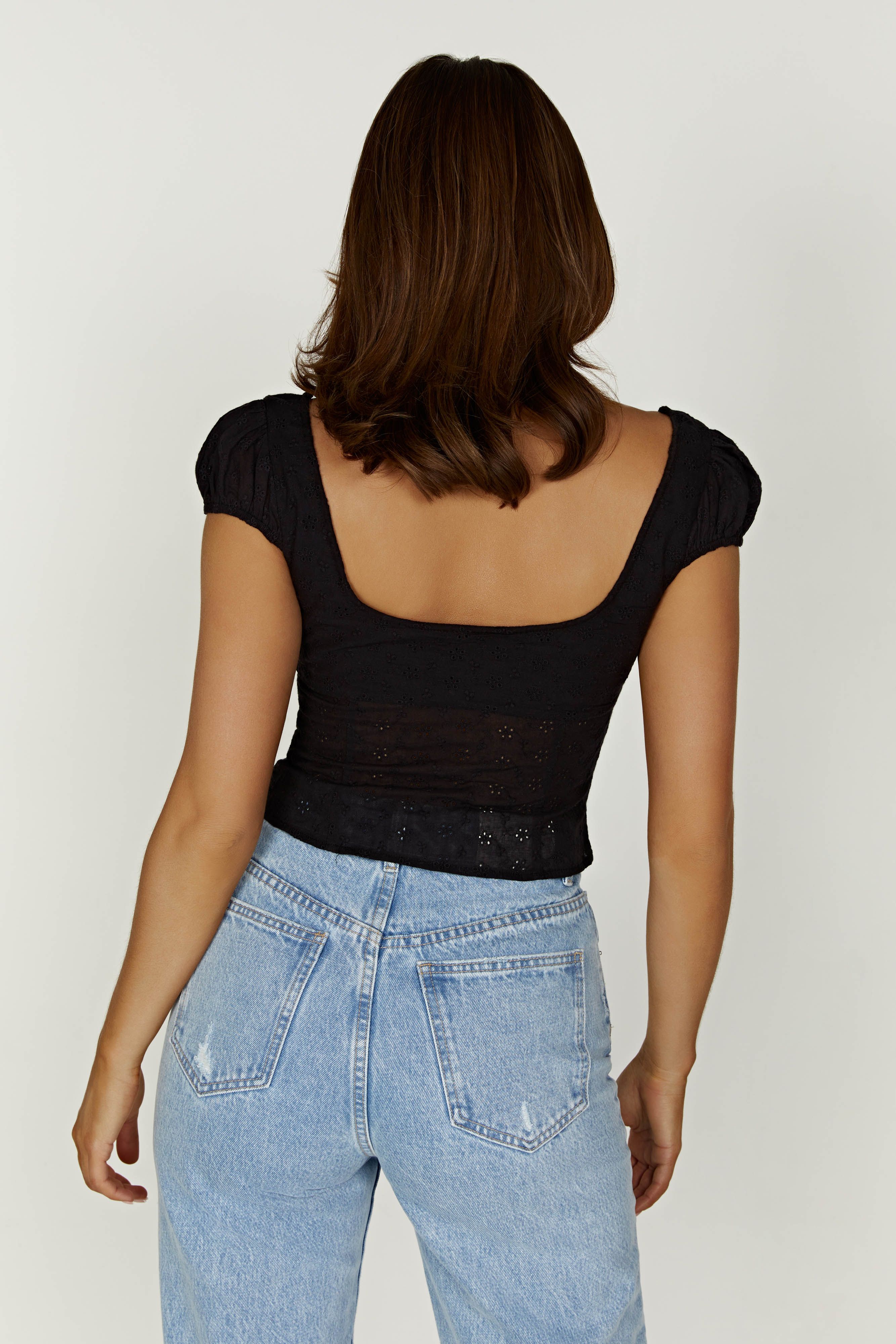 Cressida Cotton Anglaise Puff Sleeve Top - Black sold by Meshki product image thumbnail 3