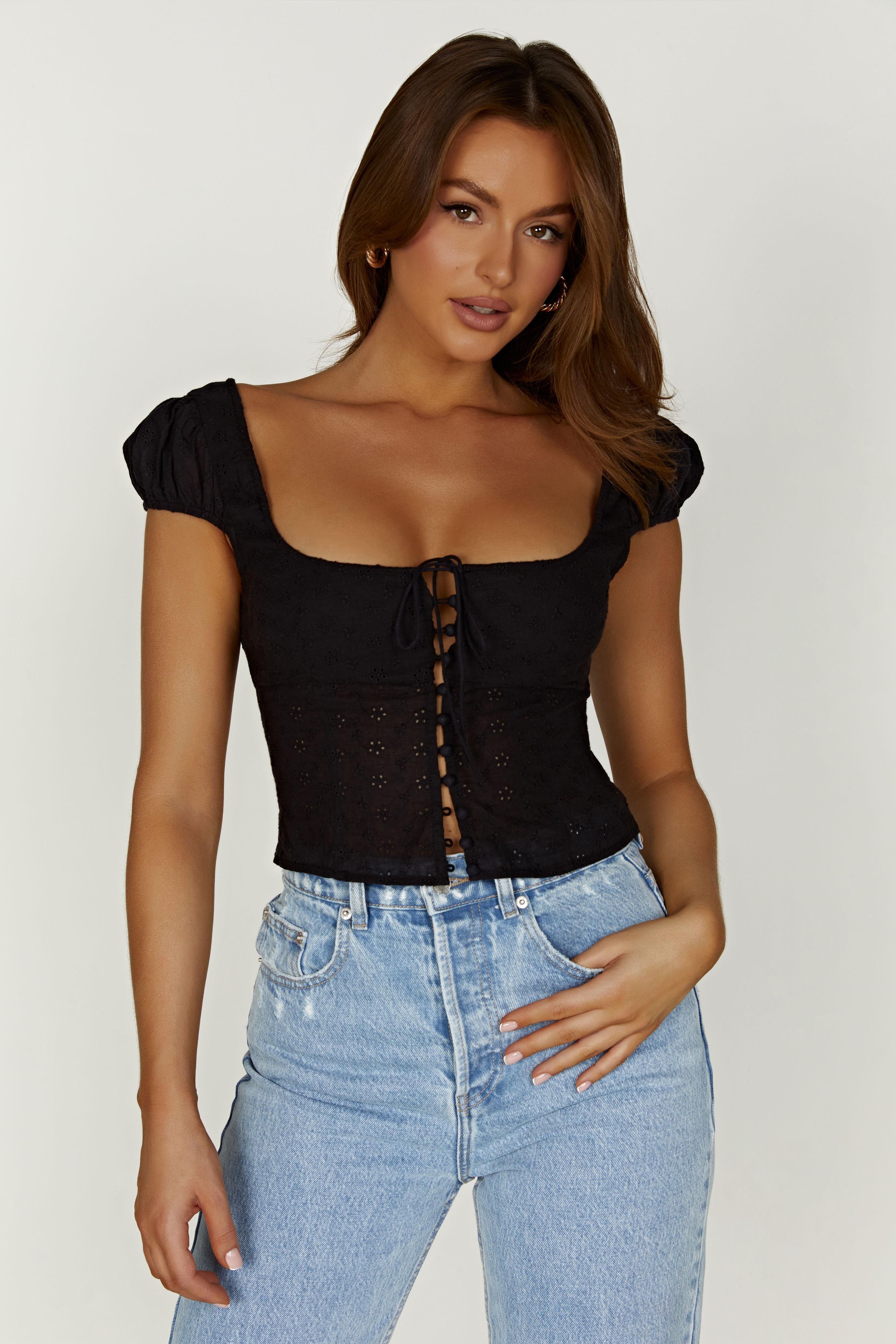 Cressida Cotton Anglaise Puff Sleeve Top - Black sold by Meshki