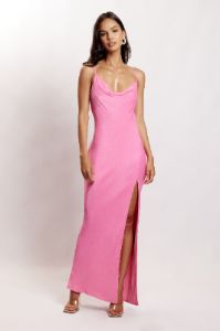 Jade Cowl Neck Backless Maxi Dress - Pink sold by Meshki