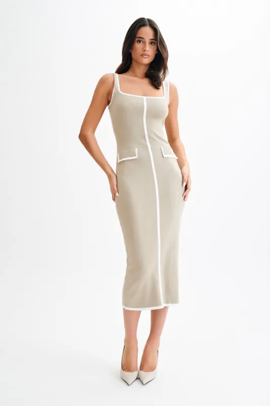 Eimear Contrast Knit Midi Dress - Taupe & Ivory sold by Meshki