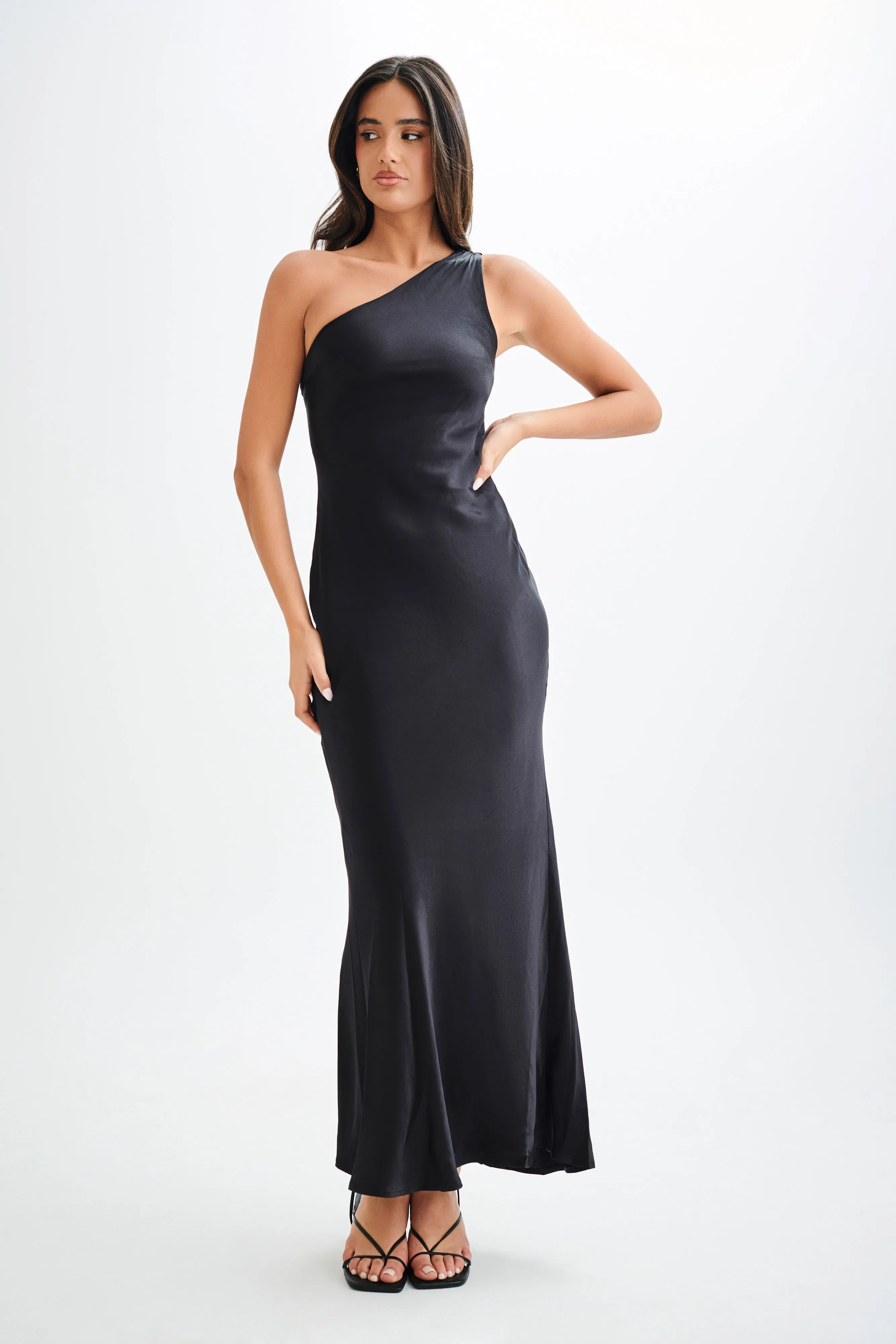 Camille One Shoulder Satin Maxi Dress - Black sold by Meshki product image thumbnail 5