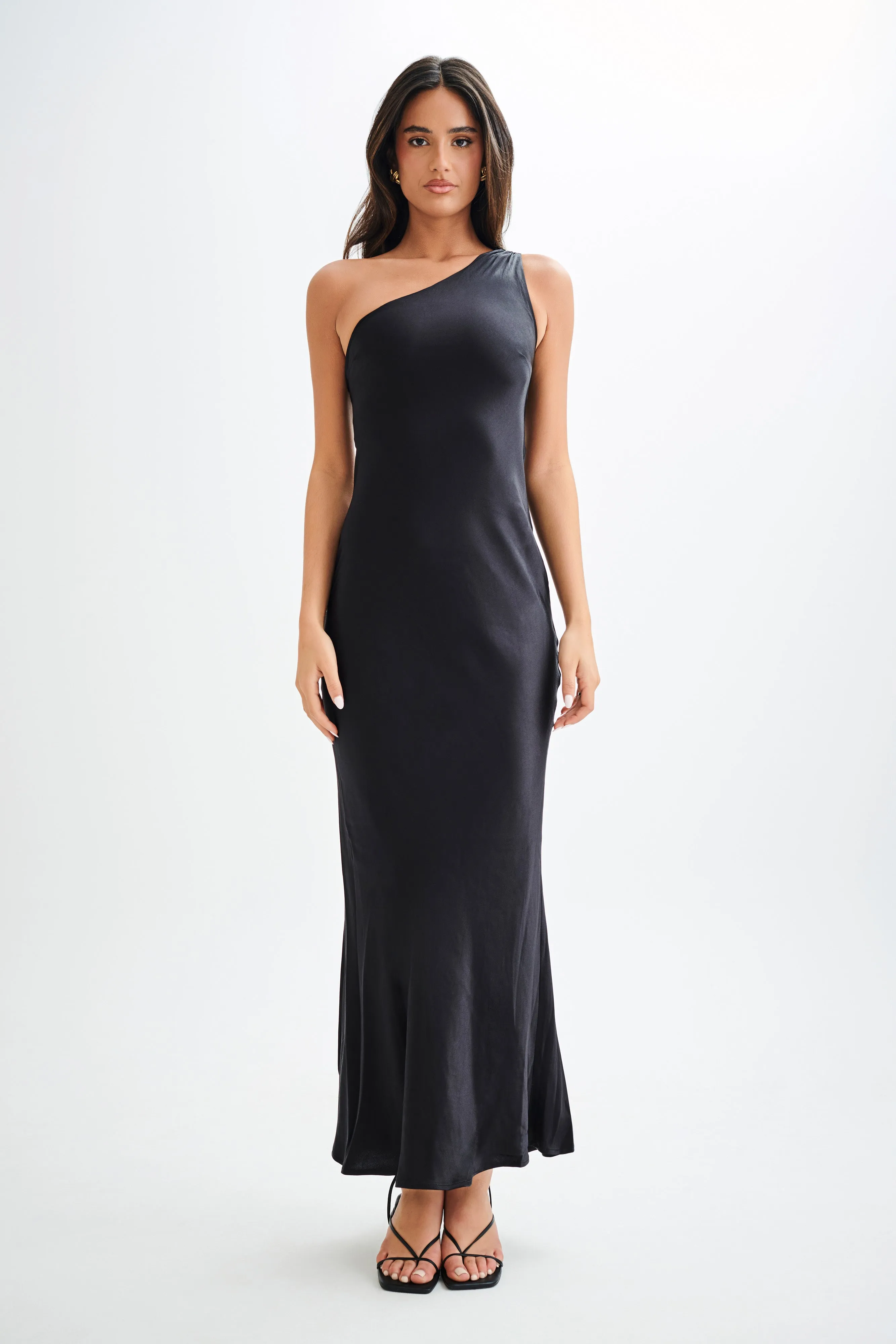 Camille One Shoulder Satin Maxi Dress - Black sold by Meshki