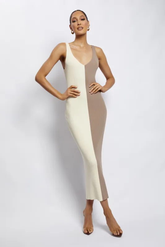 Jodie Two Tone V Neck Midi Dress - Multi Nude sold by Meshki