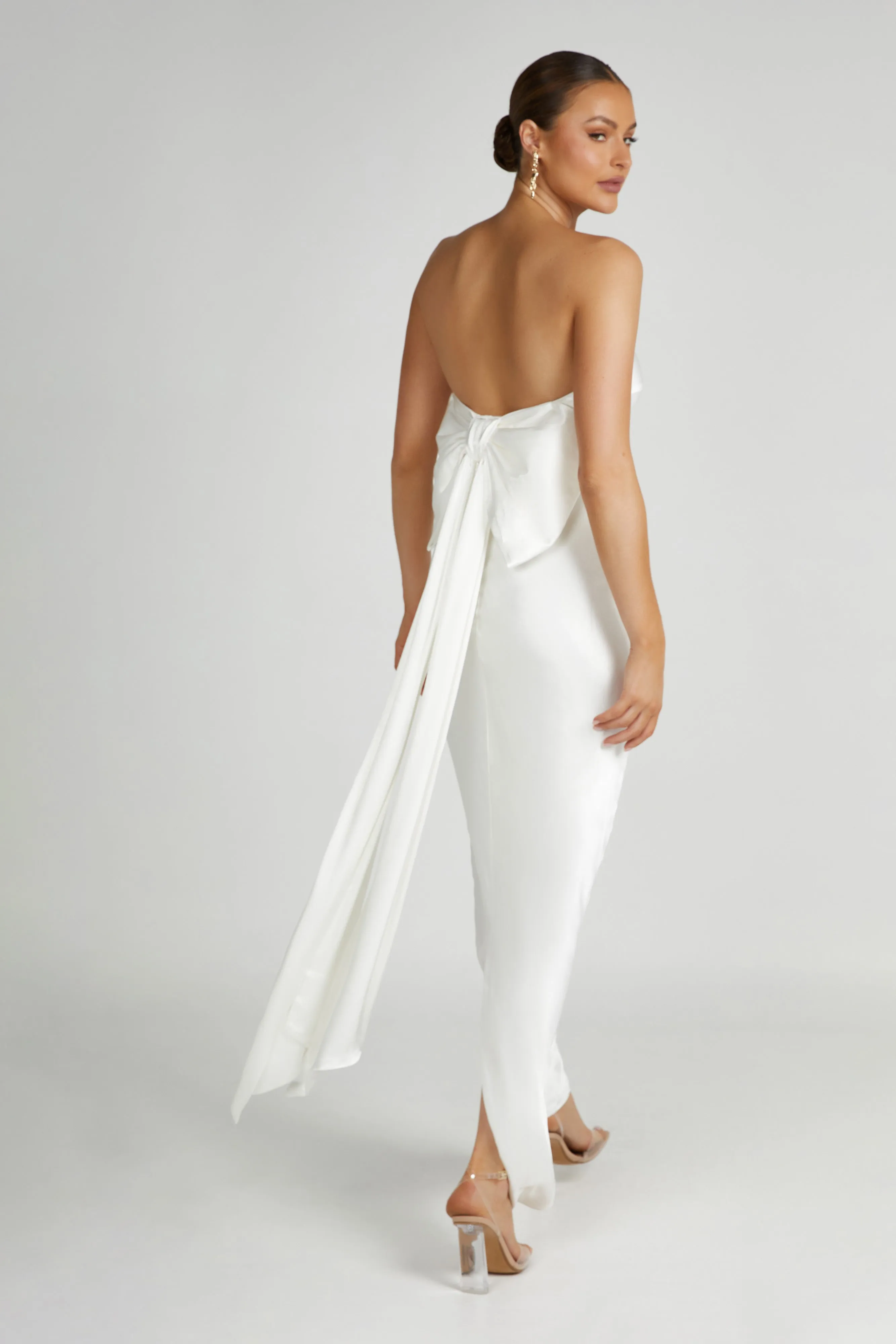 Rochelle Bow Back Satin Maxi Dress - White sold by Meshki product image thumbnail 5