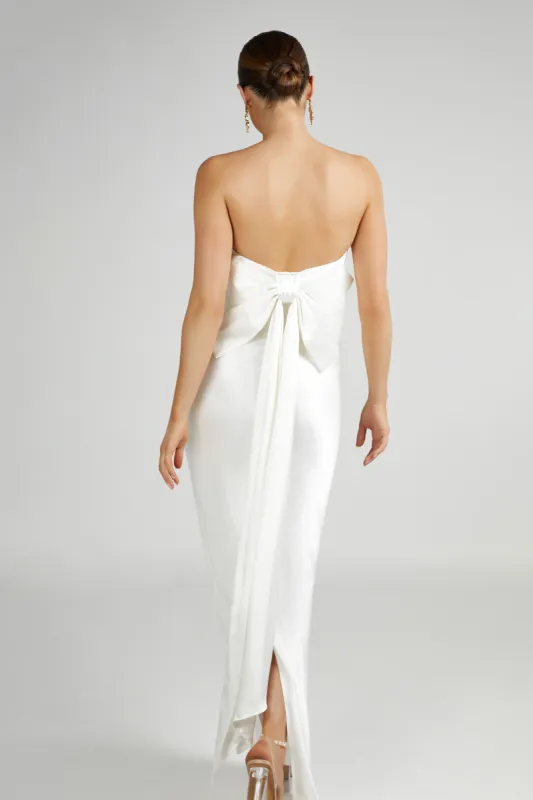 Rochelle Bow Back Satin Maxi Dress - White sold by Meshki