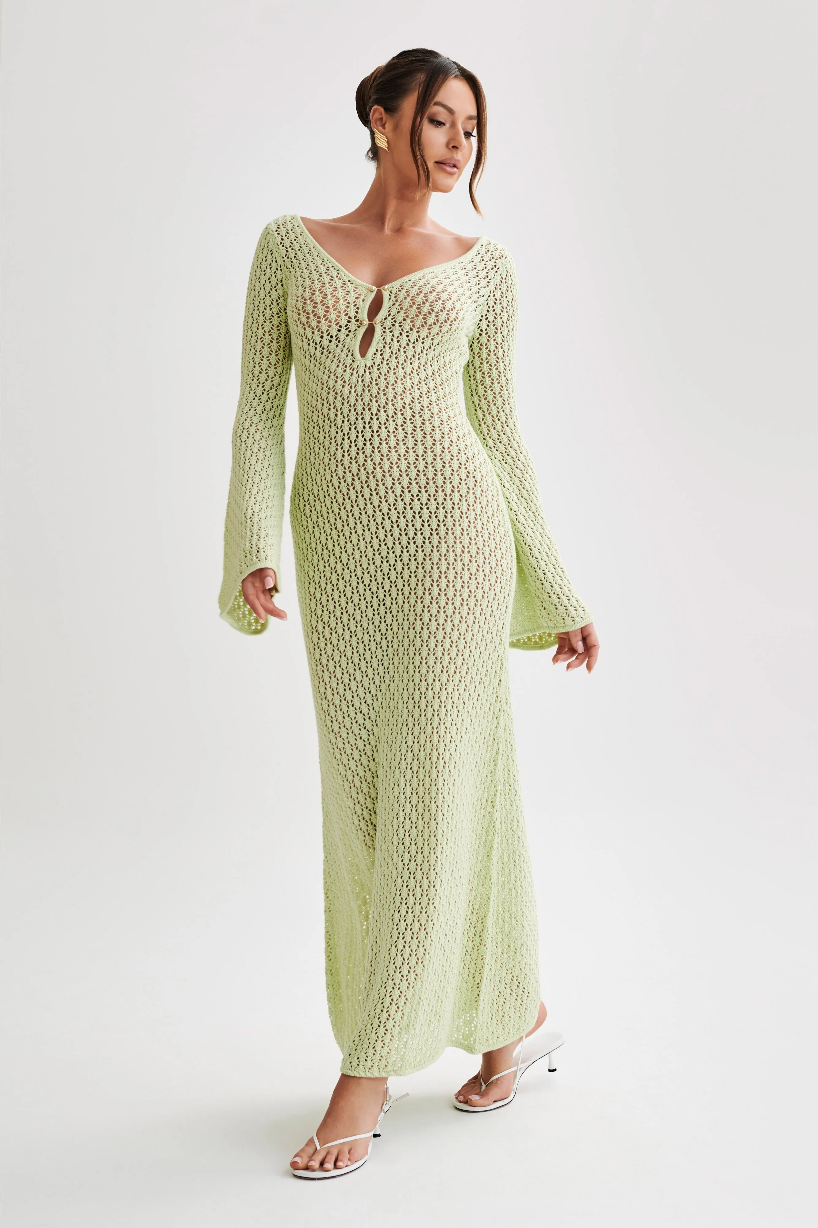 Kayleigh Crochet Fishtail Flare Sleeve Maxi Dress - Seafoam Green sold by Meshki product image thumbnail 4