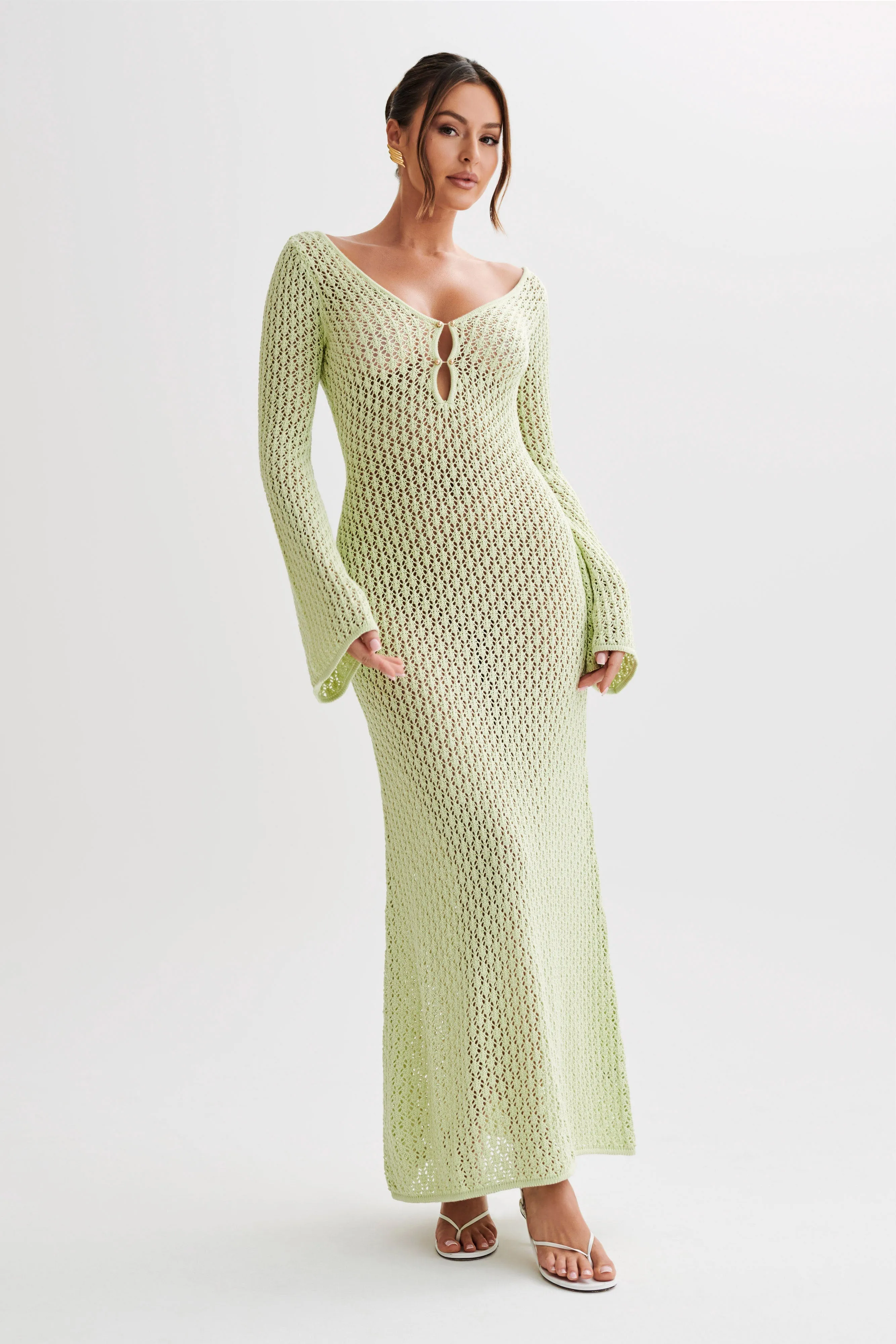 Kayleigh Crochet Fishtail Flare Sleeve Maxi Dress - Seafoam Green sold by Meshki
