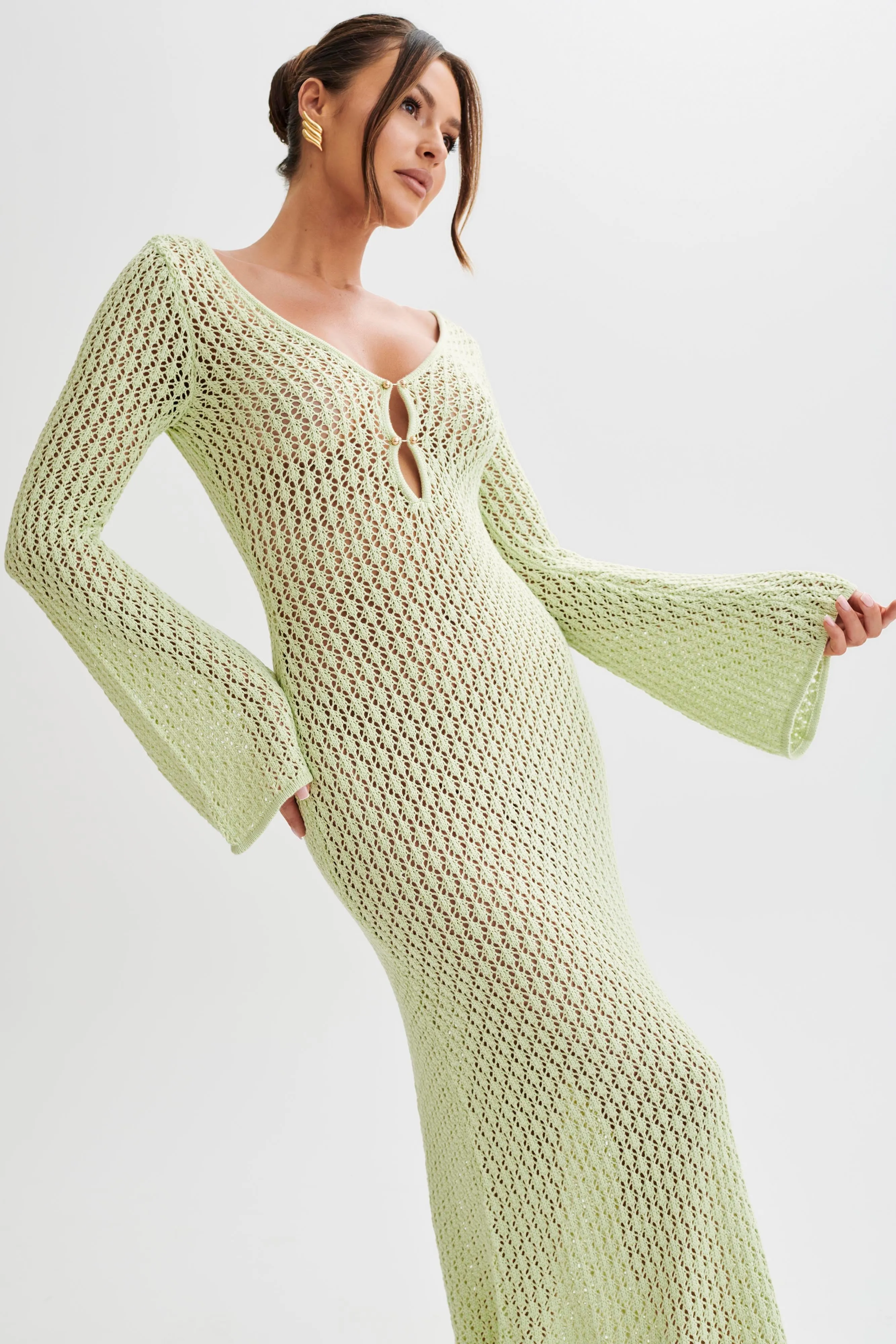 Kayleigh Crochet Fishtail Flare Sleeve Maxi Dress - Seafoam Green sold by Meshki product image thumbnail 5
