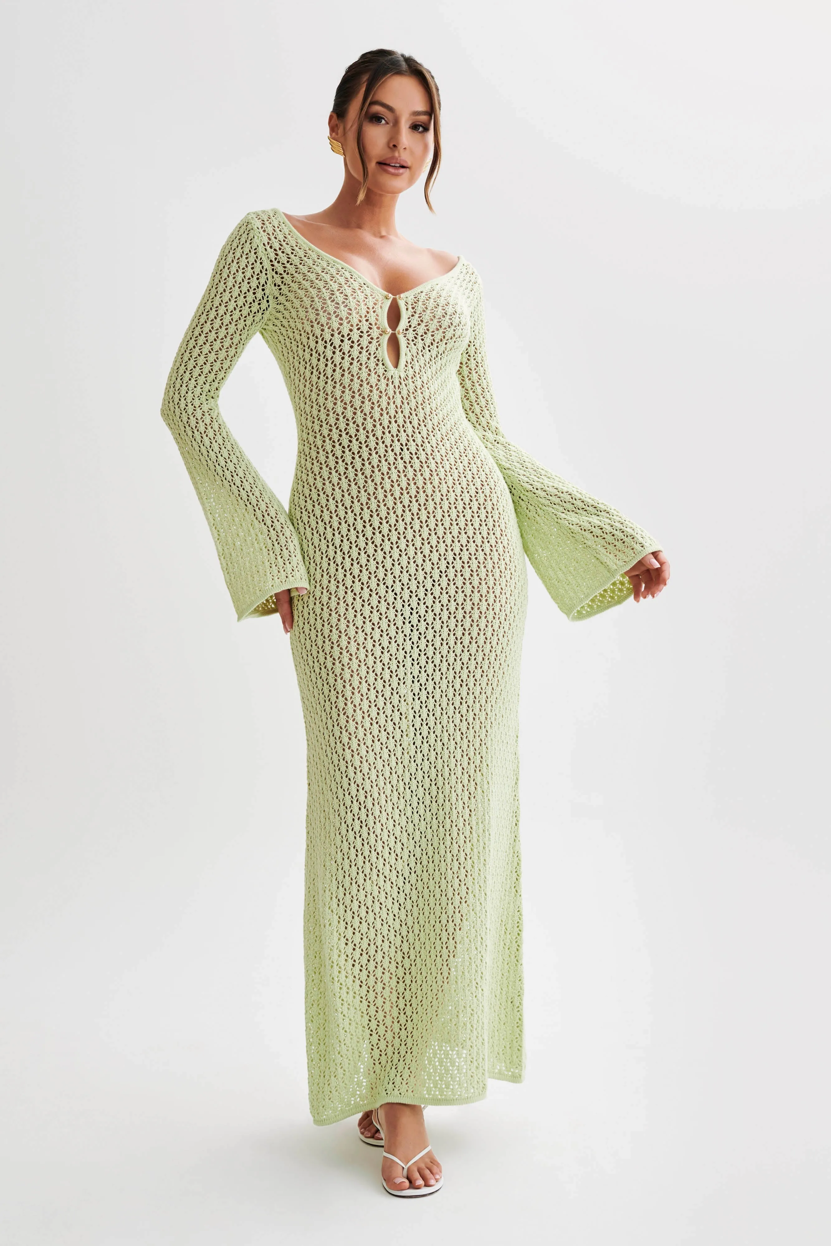 Kayleigh Crochet Fishtail Flare Sleeve Maxi Dress - Seafoam Green sold by Meshki product image thumbnail 3