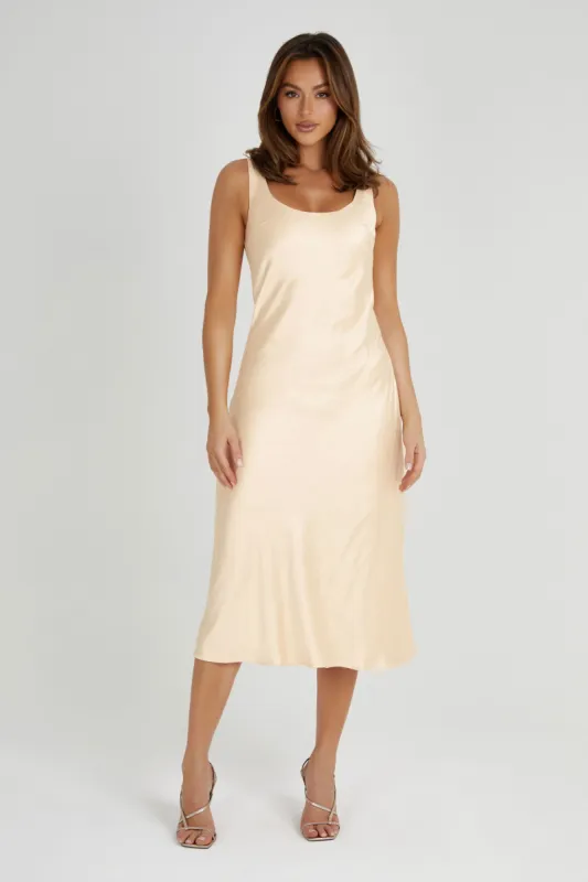 Tamara Satin Iridescent Slip Midi Dress - Apricot sold by Meshki