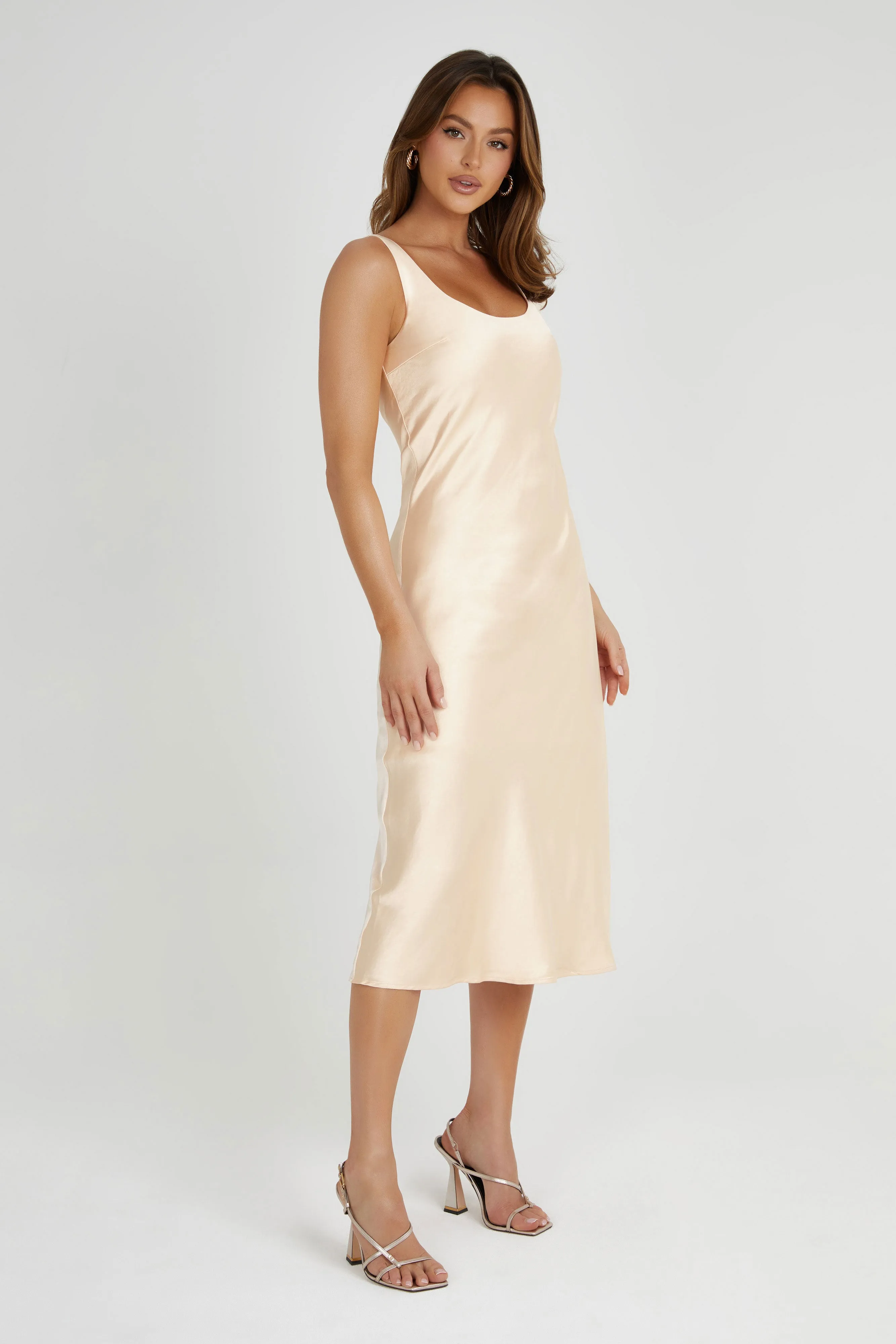 Tamara Satin Iridescent Slip Midi Dress - Apricot sold by Meshki product image thumbnail 4
