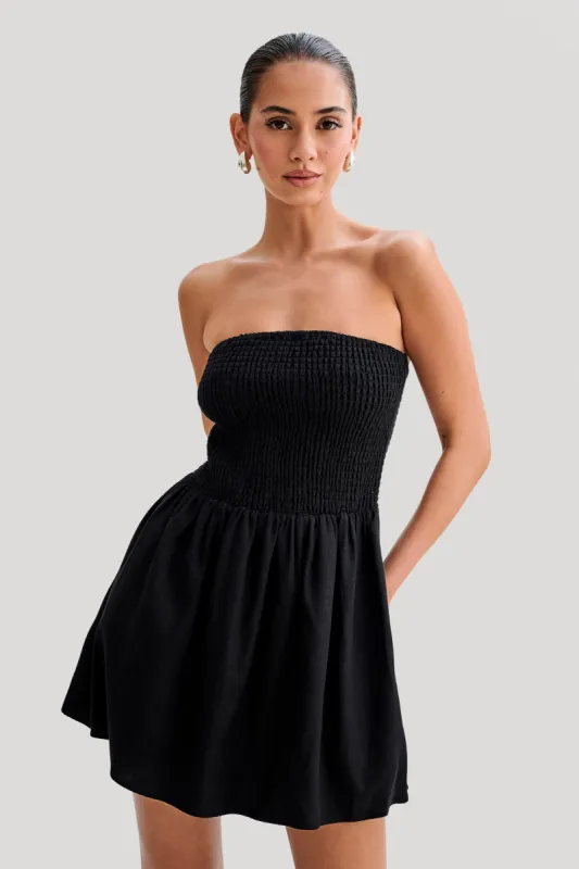 Holland Linen Shirring Mini Dress - Black sold by Meshki