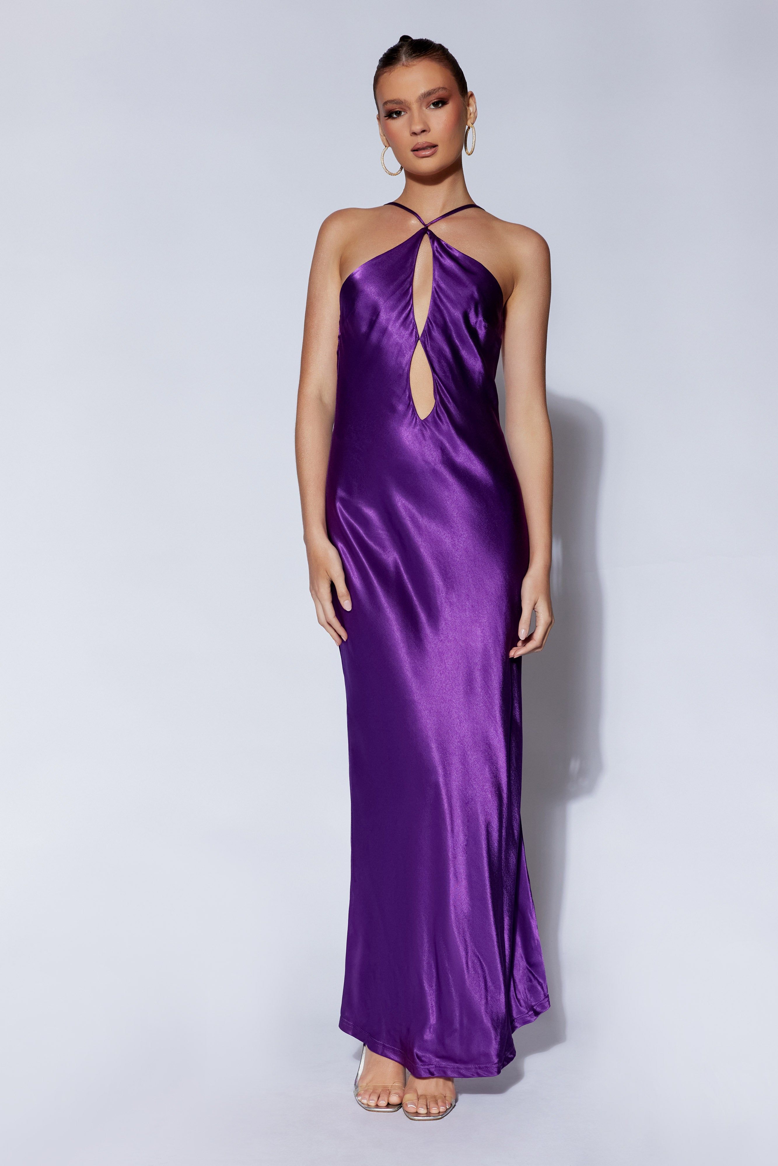 Lucia Satin Cut Out Maxi Dress - Grape sold by Meshki