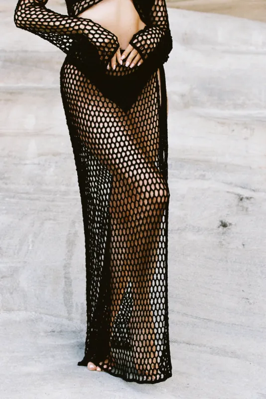Hallie Tie Up Crochet Maxi Skirt - Black made by Meshki
