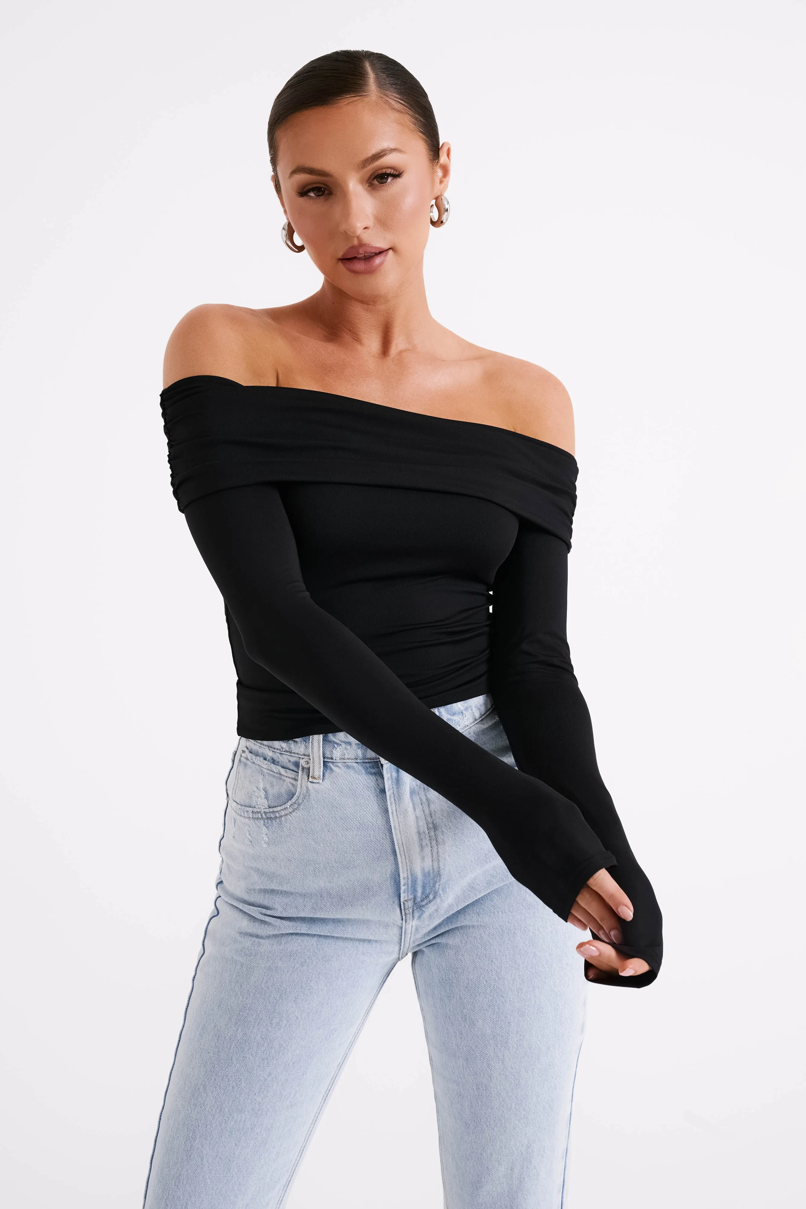 Lucinda Recycled Nylon Off Shoulder Top - Black sold by Meshki