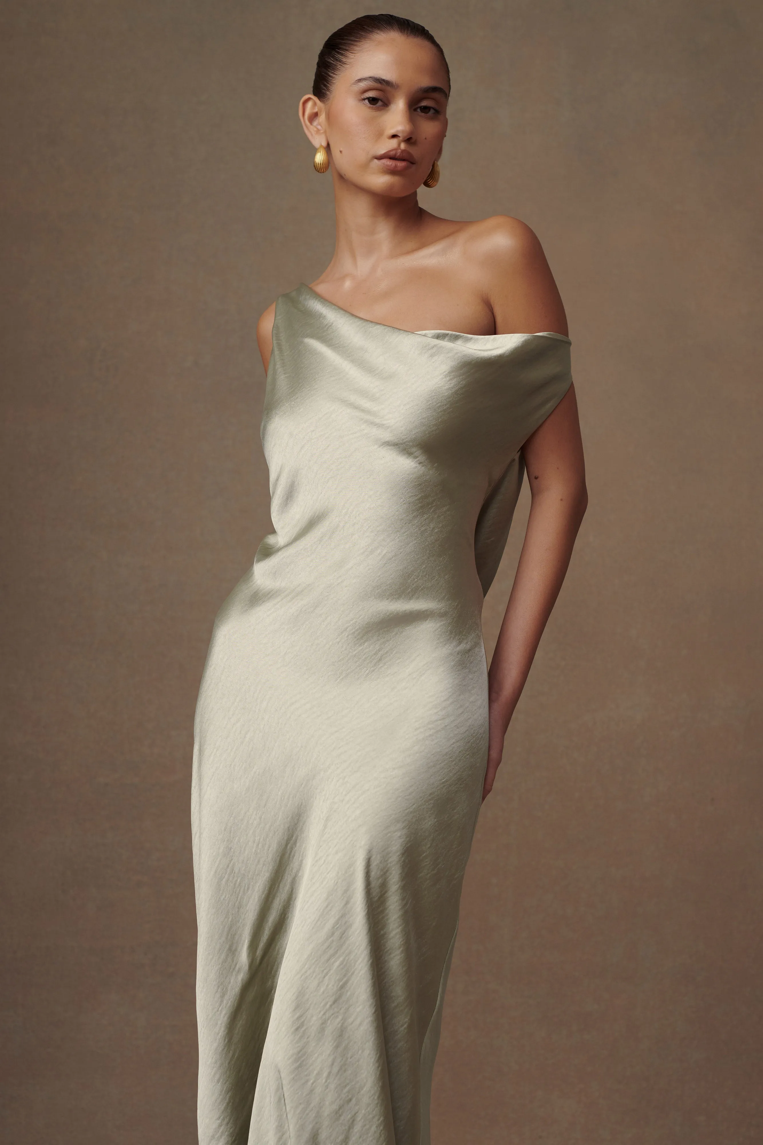 Yvette Slip Maxi Dress With Asymmetrical Hem - Sage sold by Meshki product image thumbnail 5