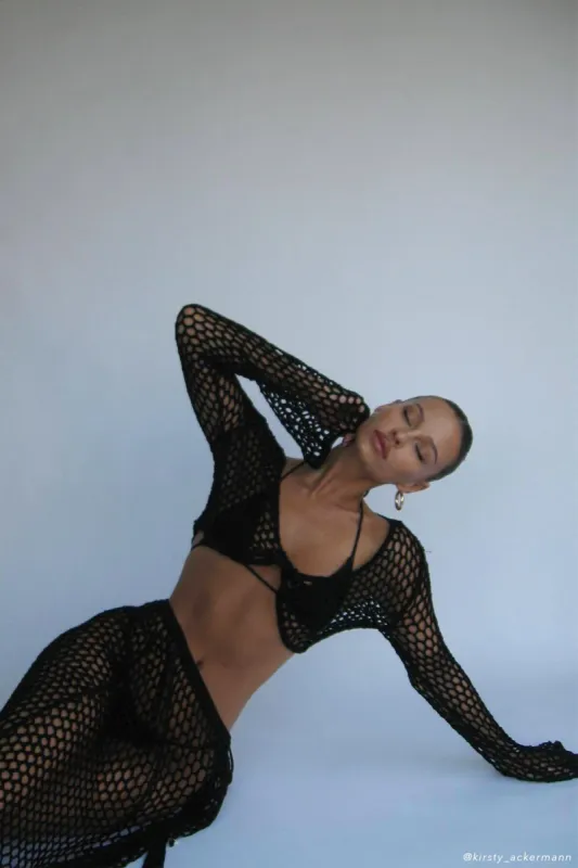 Hallie Twisted Cropped Crochet Top - Black sold by Meshki