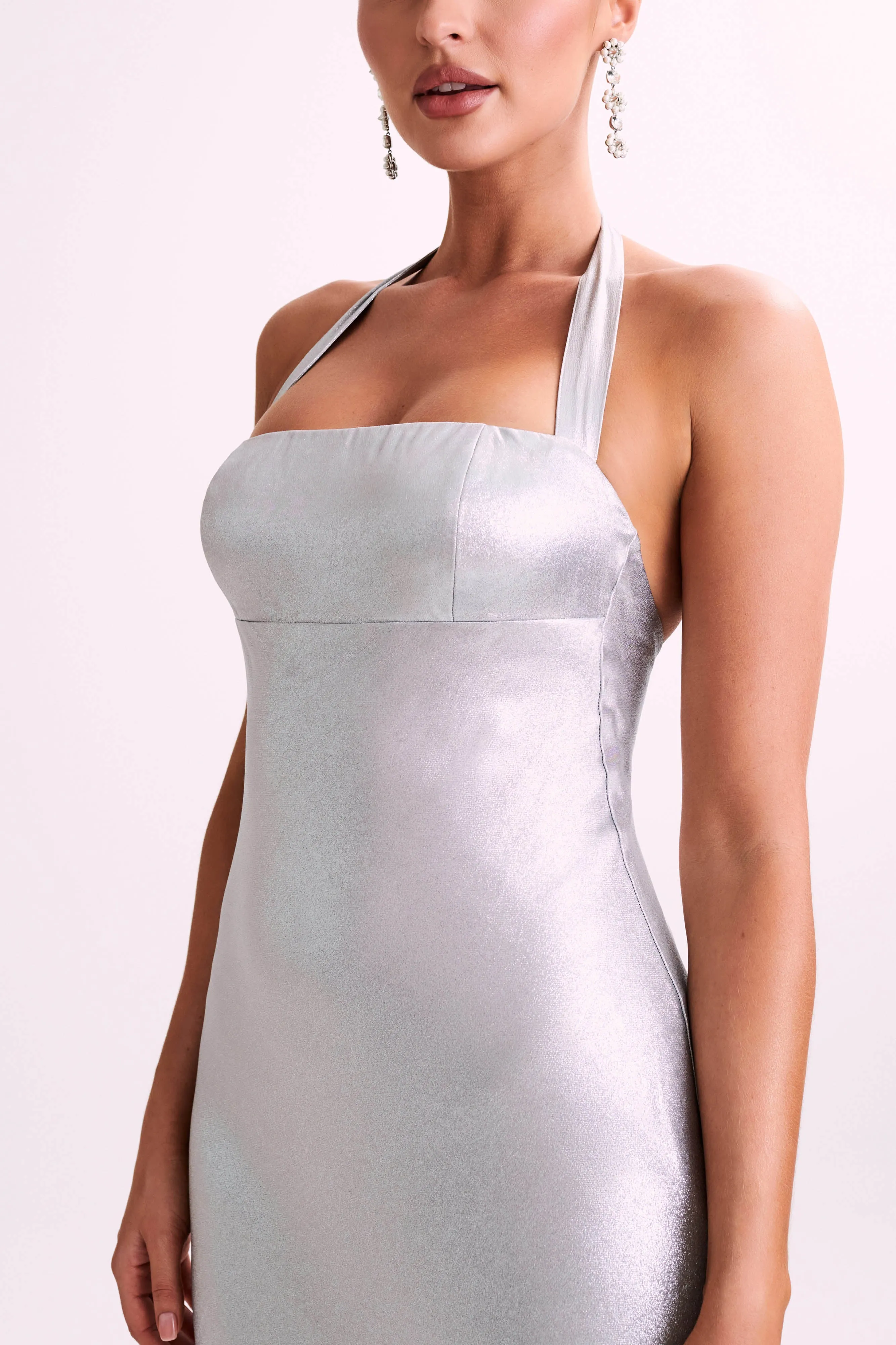 Sabra Satin Halter Maxi Dress - Silver | Parallel