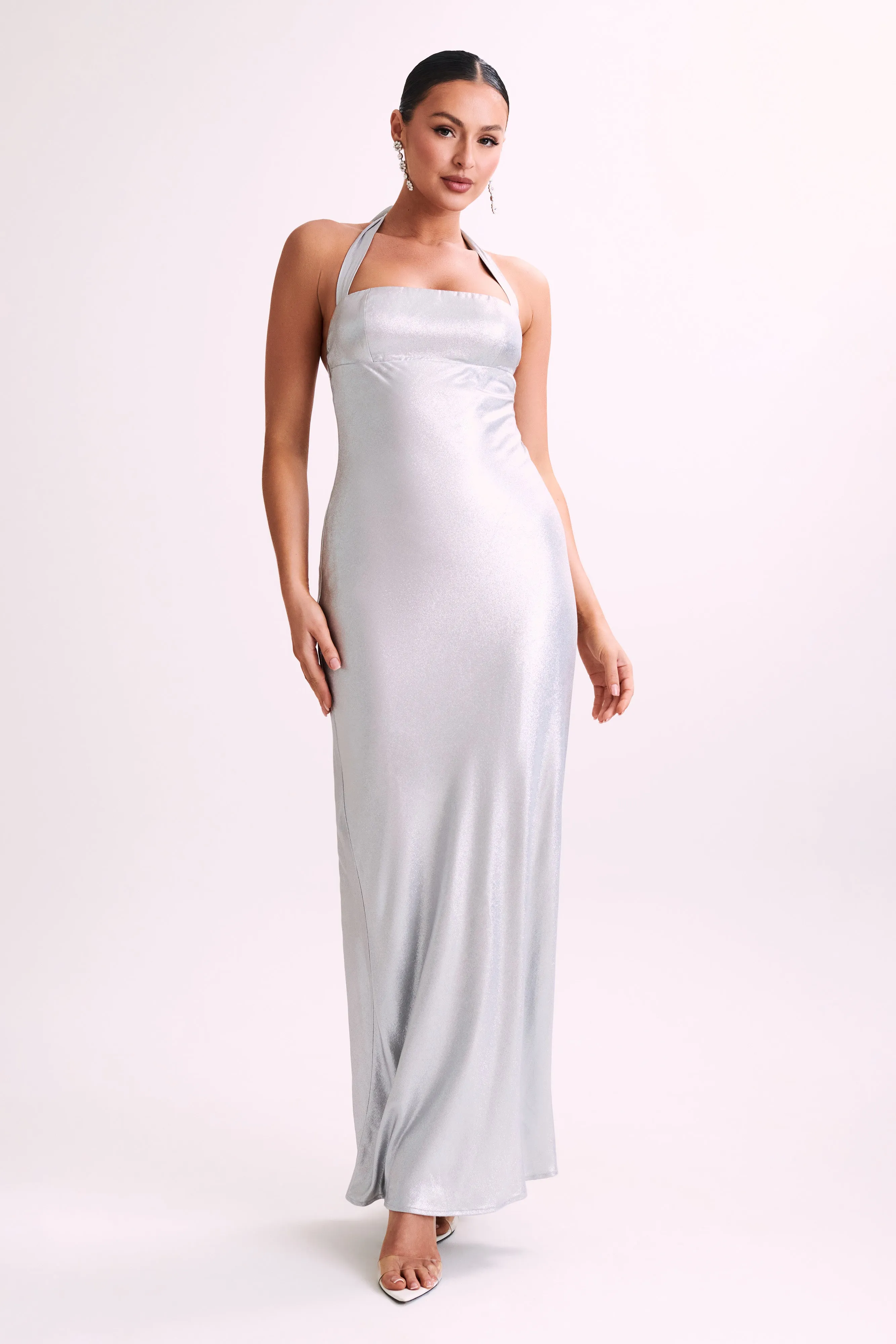 Sabra Satin Halter Maxi Dress - Silver sold by Meshki