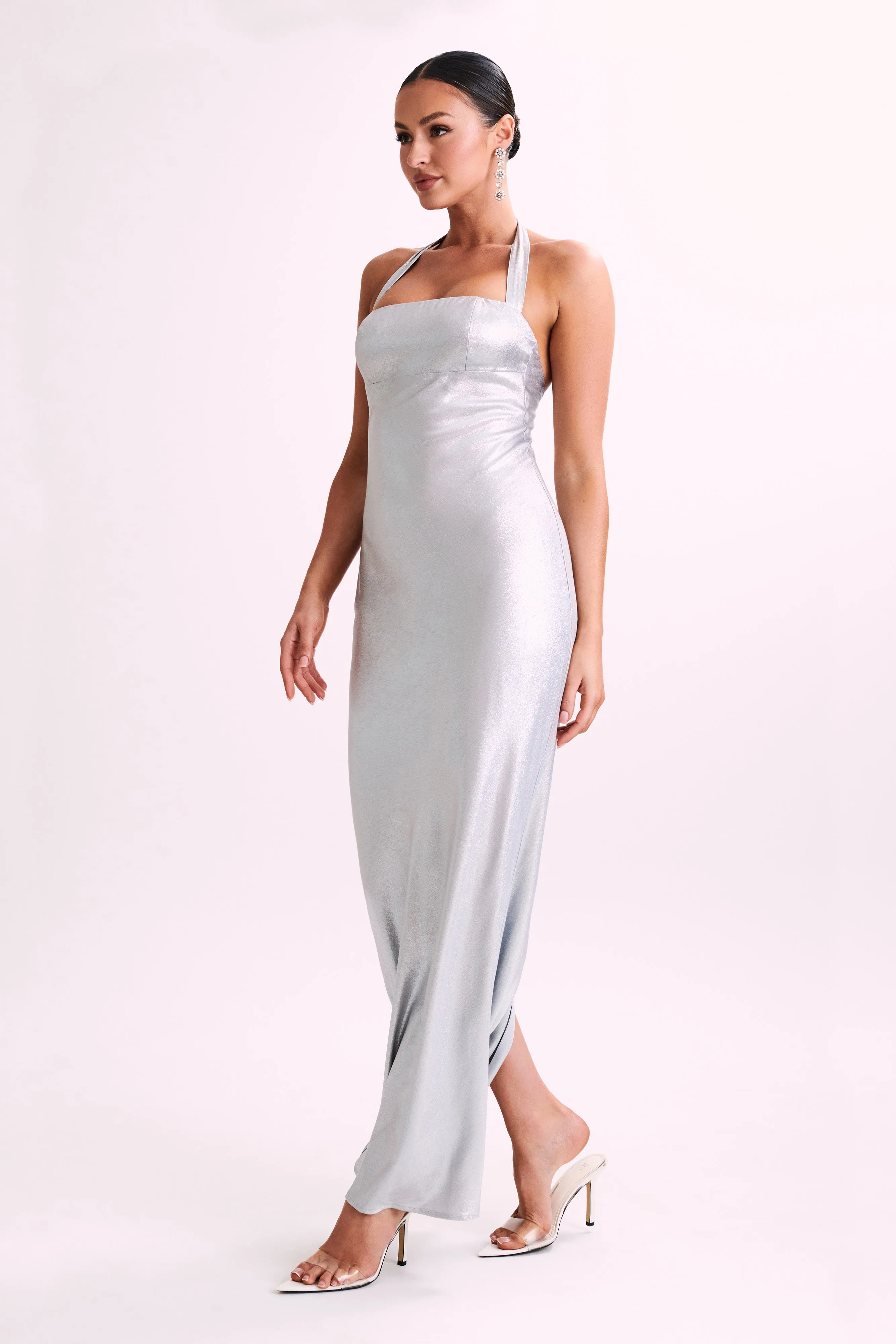 Sabra Satin Halter Maxi Dress - Silver sold by Meshki product image thumbnail 5