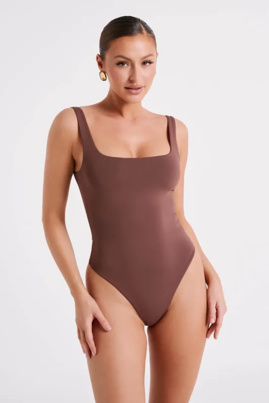 Charlie Recycled Nylon Scoop Neck Bodysuit - Mocha sold by Meshki