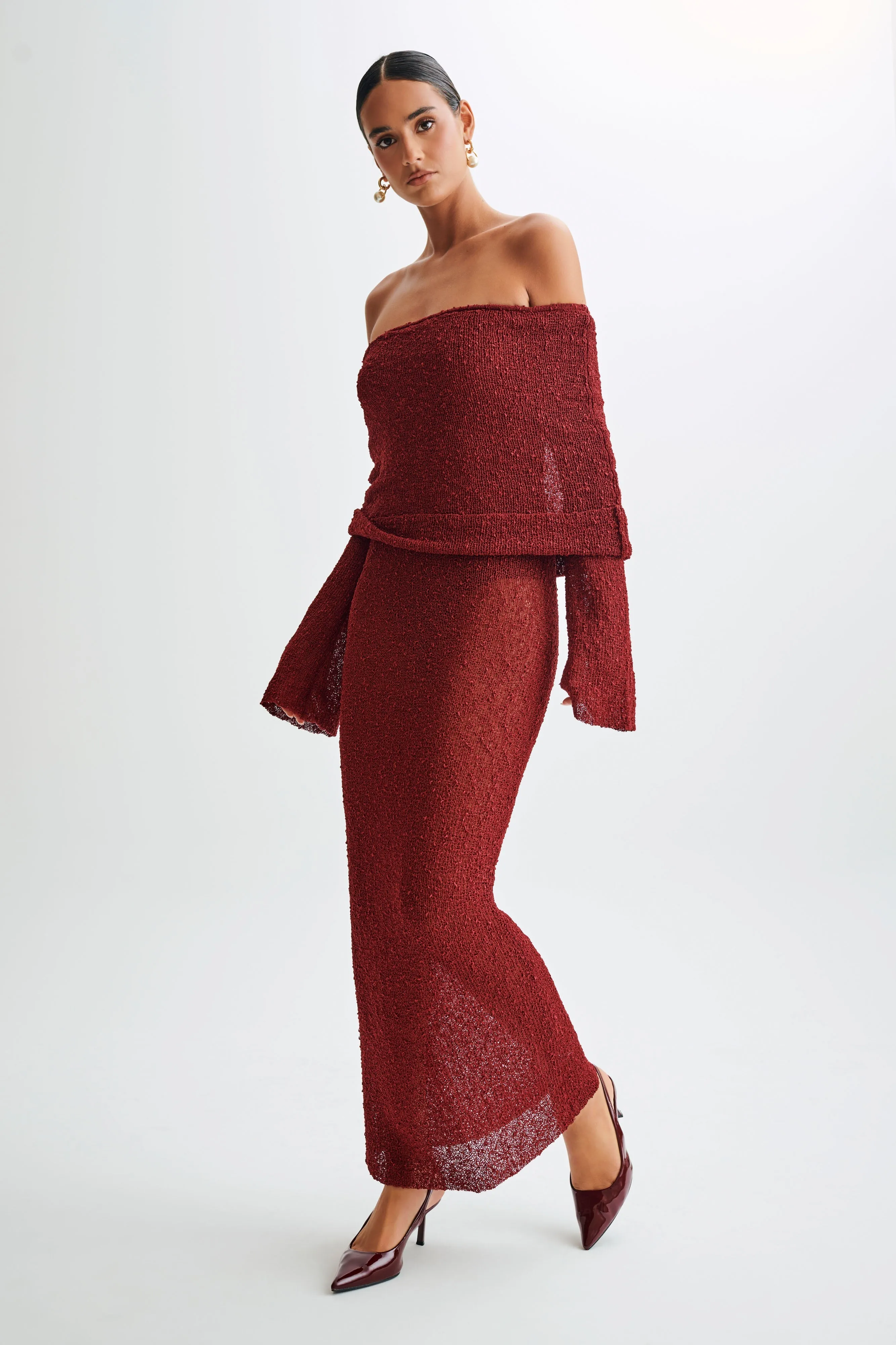 Marisol Off Shoulder Boucle Maxi Dress - Plum sold by Meshki product image thumbnail 5