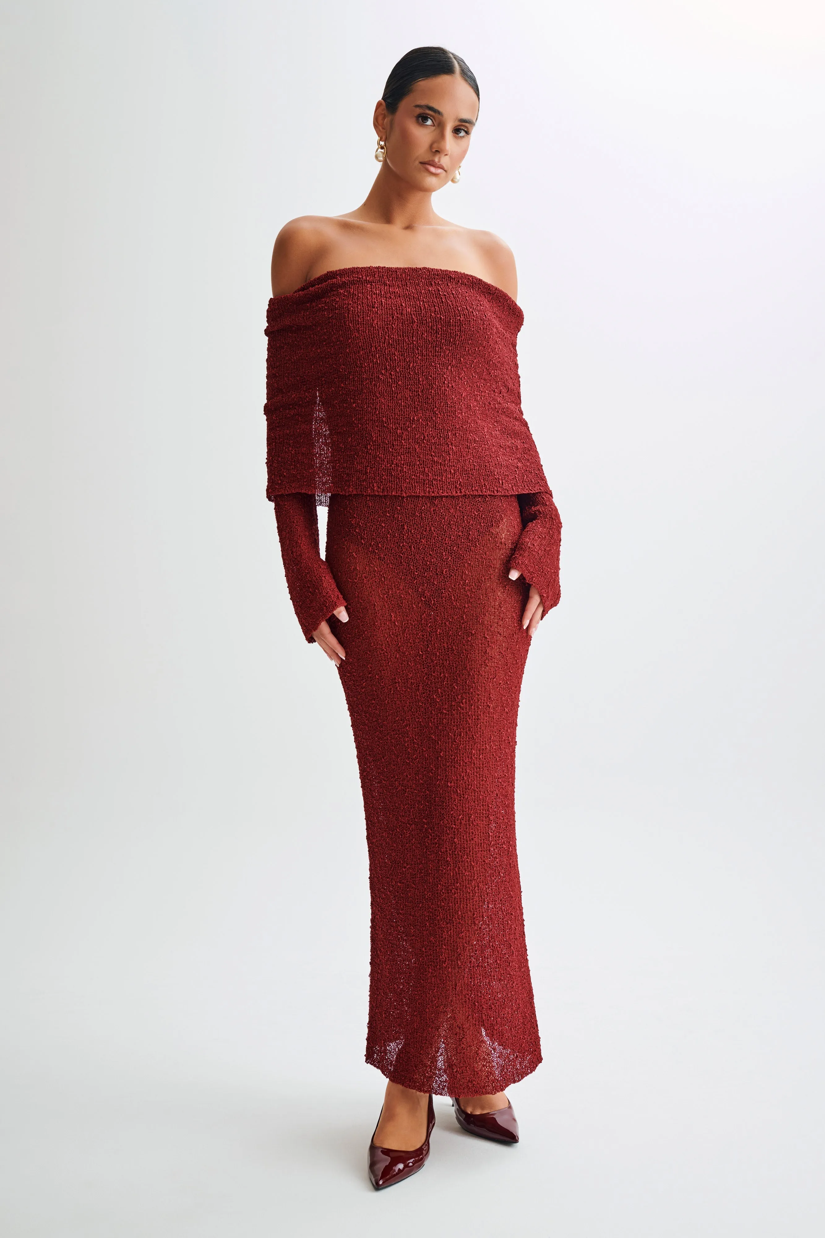 Marisol Off Shoulder Boucle Maxi Dress - Plum sold by Meshki product image thumbnail 2