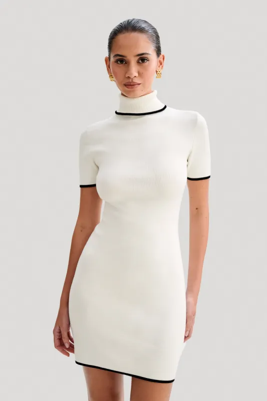 Hayley Turtleneck Contrast Knit Mini Dress - Ivory sold by Meshki
