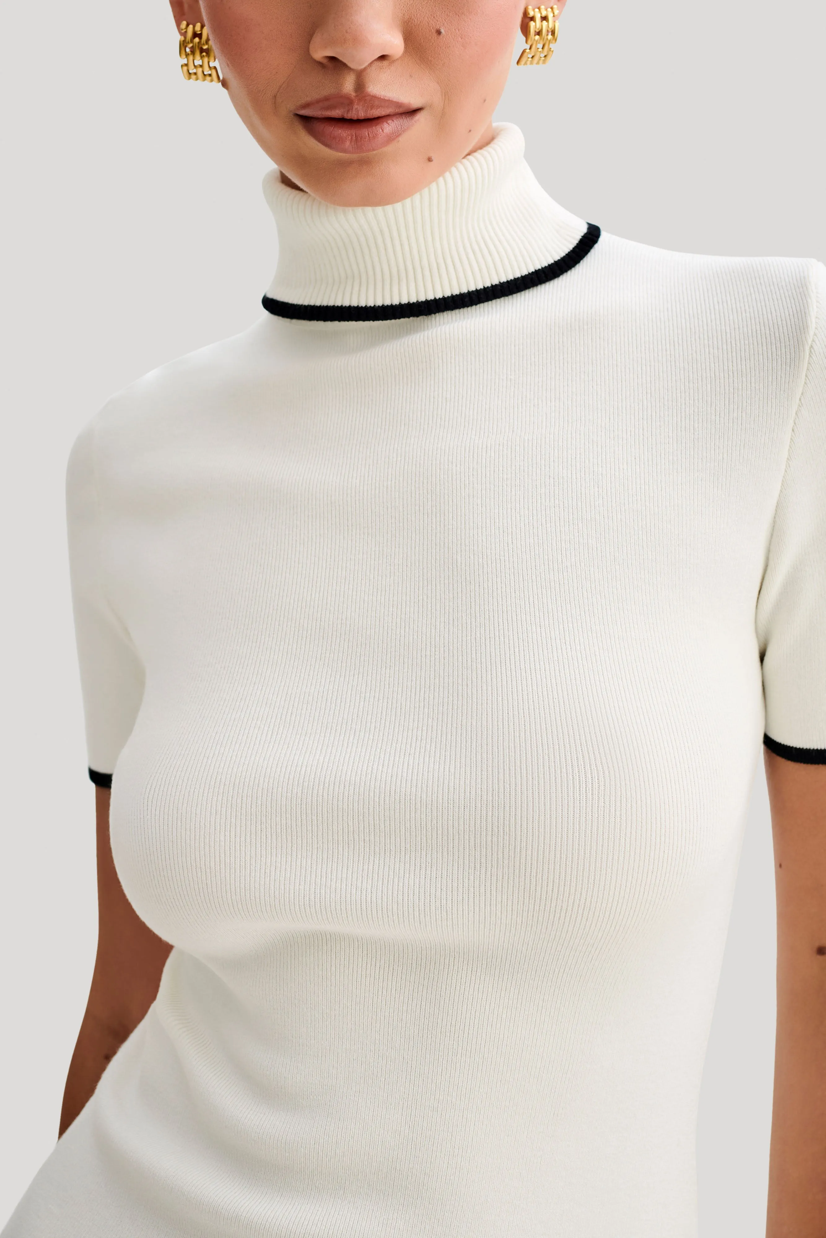 Hayley Turtleneck Contrast Knit Mini Dress - Ivory sold by Meshki product image thumbnail 3