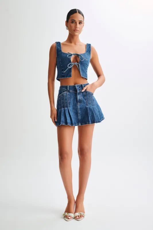 Heather Denim Pleated Mini Skirt - Dark Blue sold by Meshki